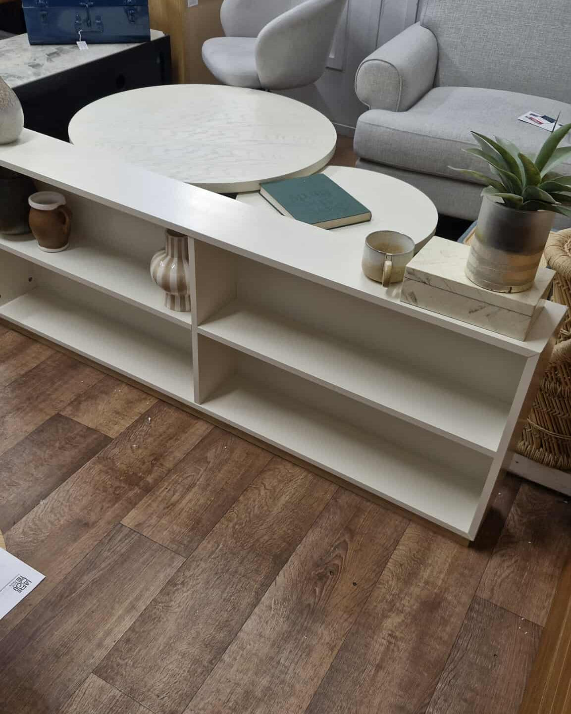 Low and Long Light Cream Shelving Unit