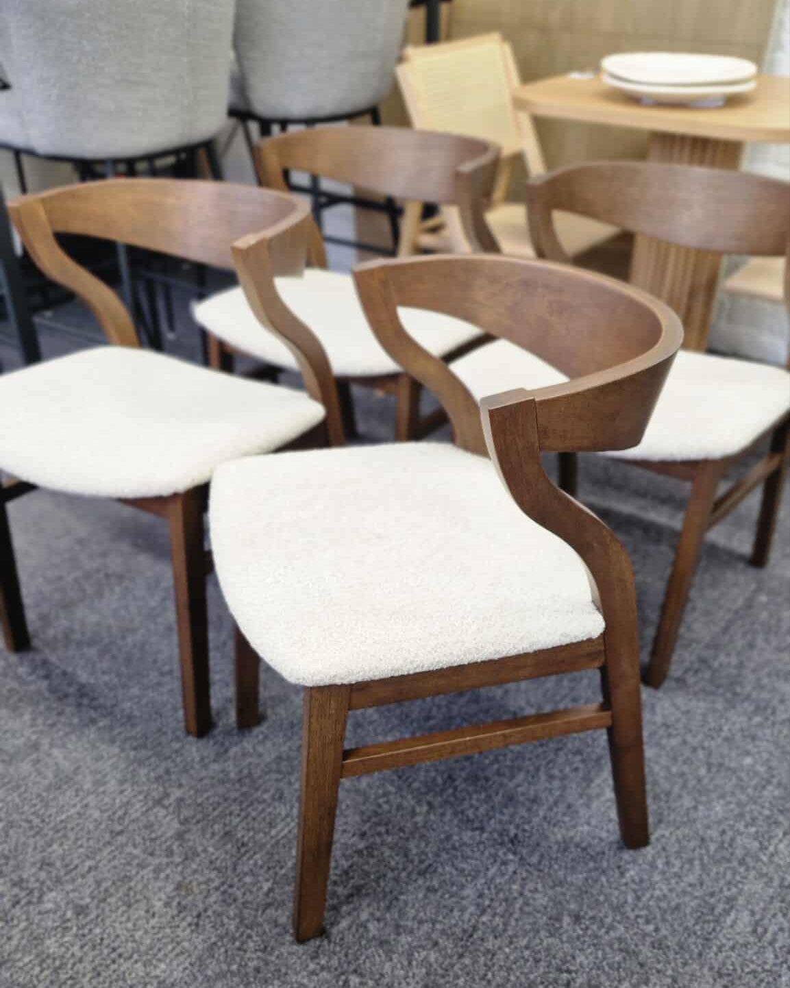 Dark wood and Beige Boucle Dining Chairs / Set of 4