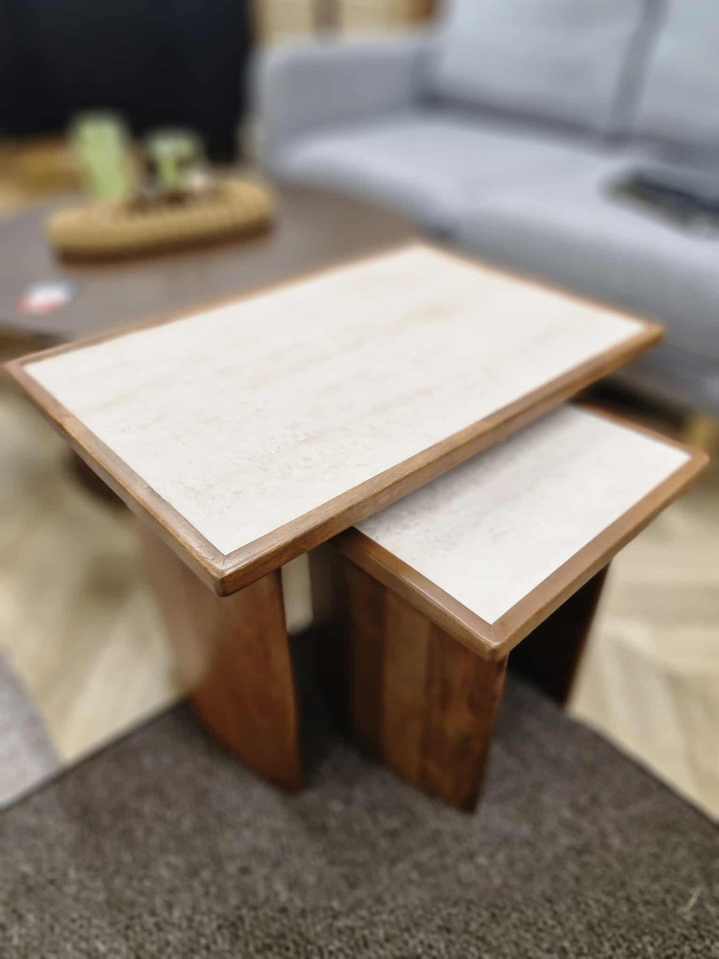 Nest of Tables / Solid Acacia wood and Travertine