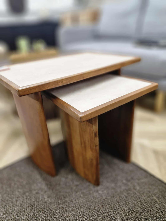 Nest of Tables / Solid Acacia wood and Travertine