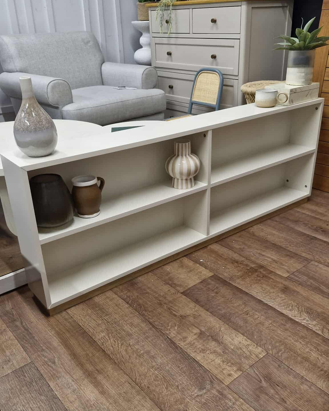 Low and Long Light Cream Shelving Unit