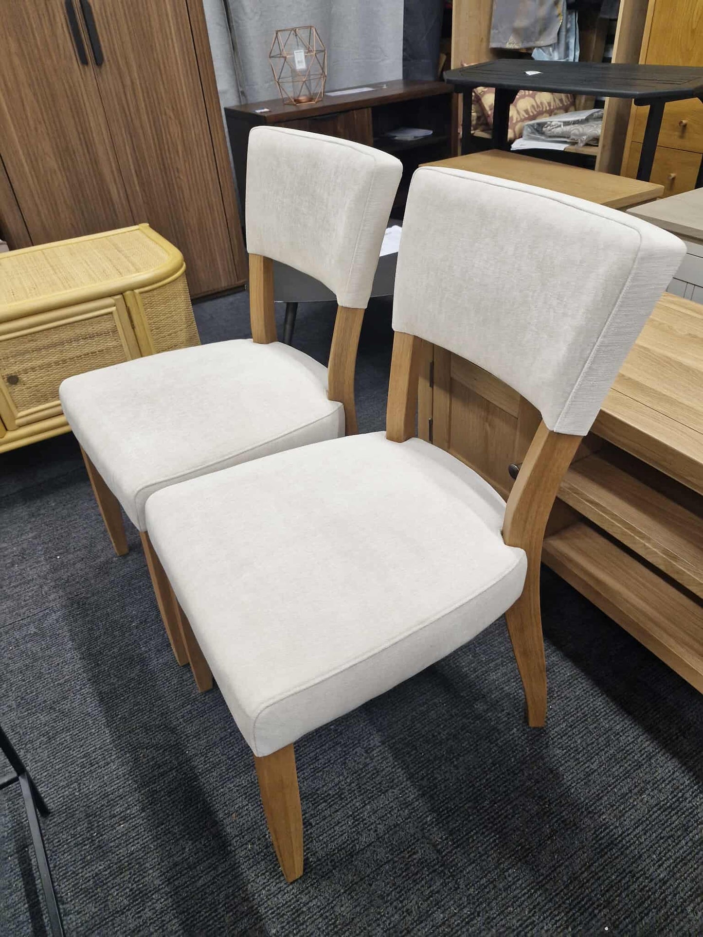 Solid Oak and Natural Fabric Dining Chairs set of 2