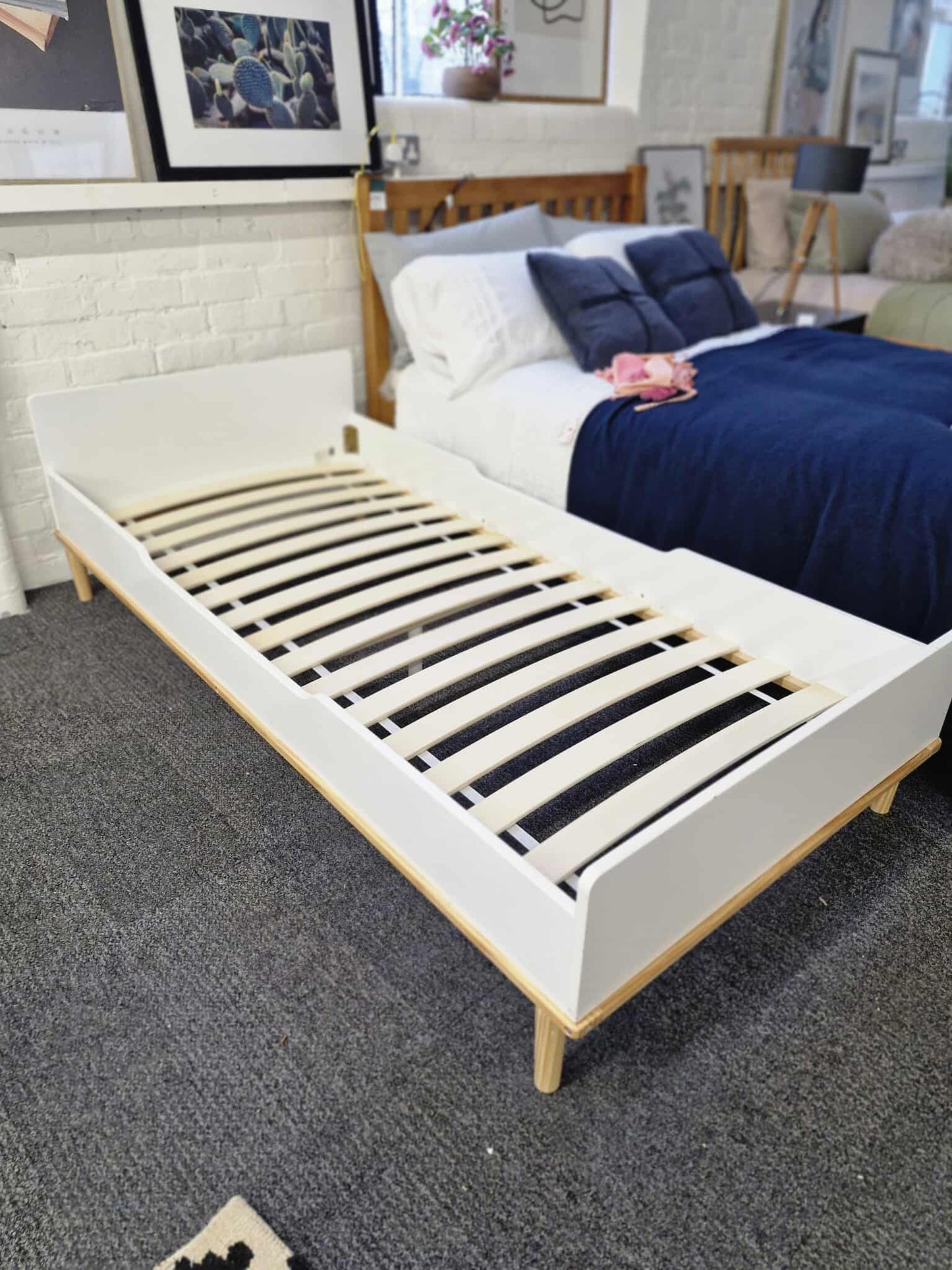 Single White and Wood Bed with Mattress