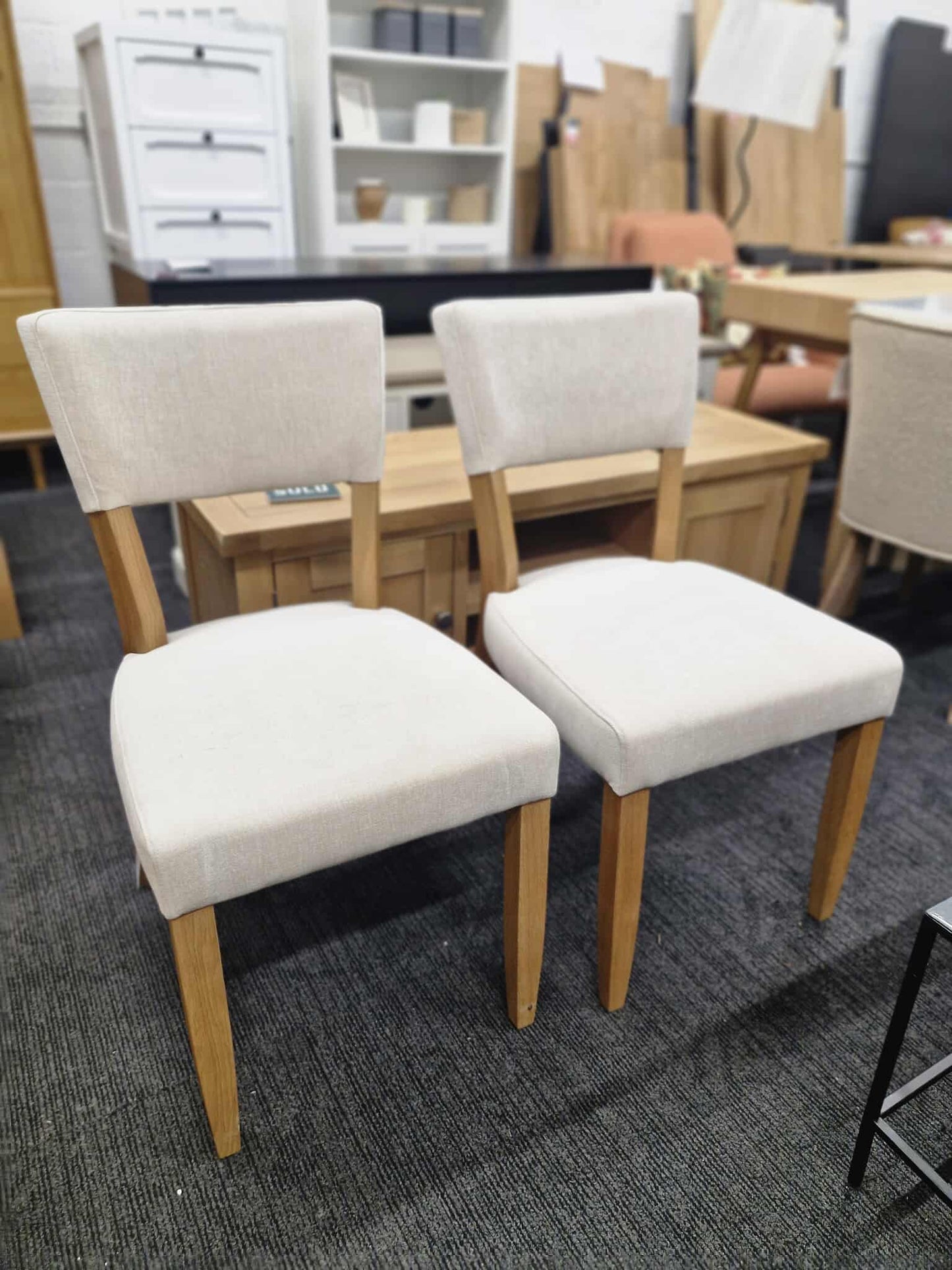 Solid Oak and Natural Fabric Dining Chairs set of 2