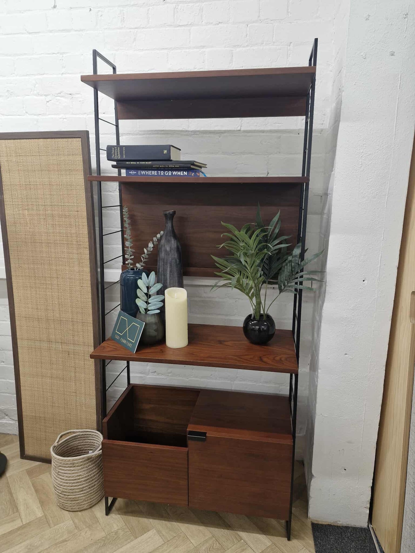 Walnut and Metal Shelving unit with doors and shelves | Vinyl record storage