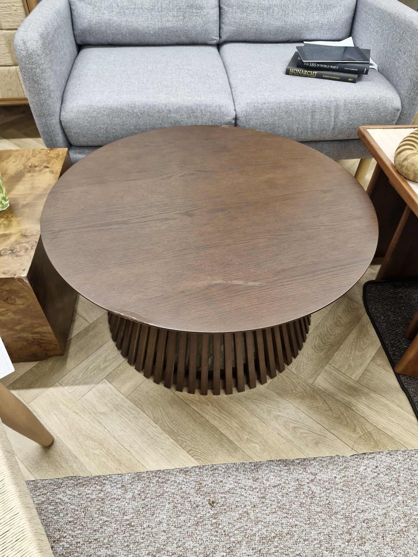 Dark wood Round Coffee Table with slatted base