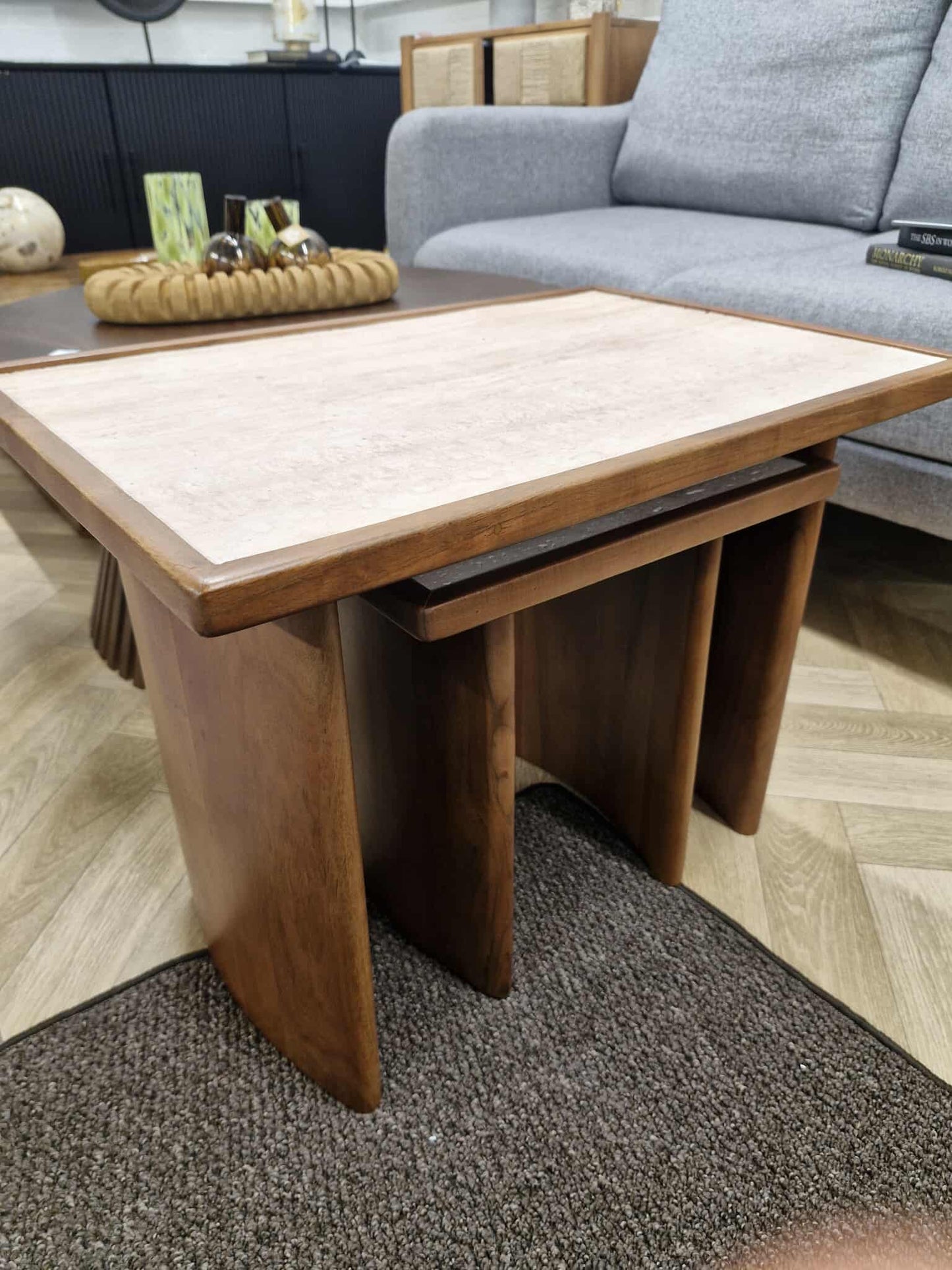 Nest of Tables / Solid Acacia wood and Travertine