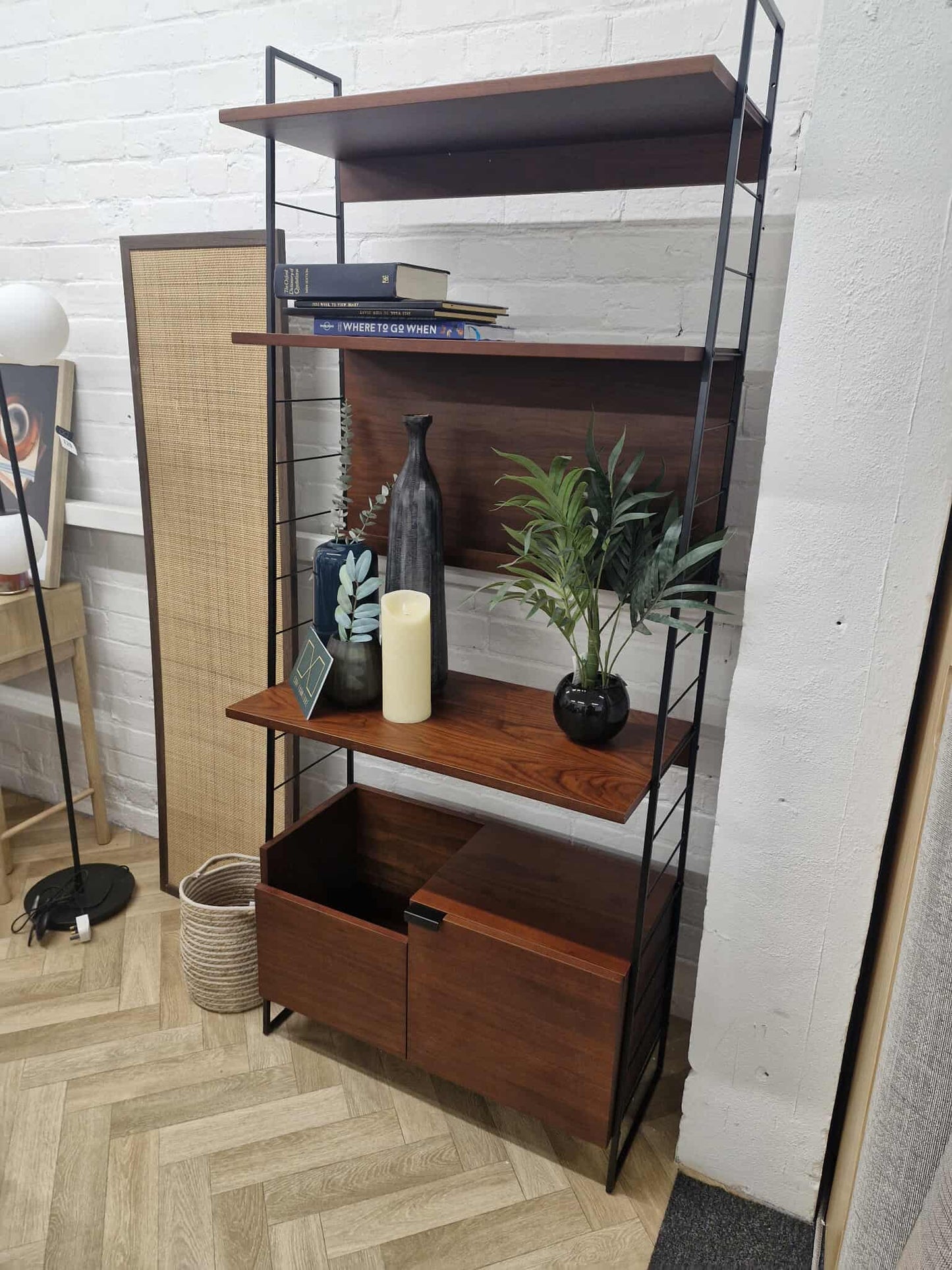 Walnut and Metal Shelving unit with doors and shelves | Vinyl record storage