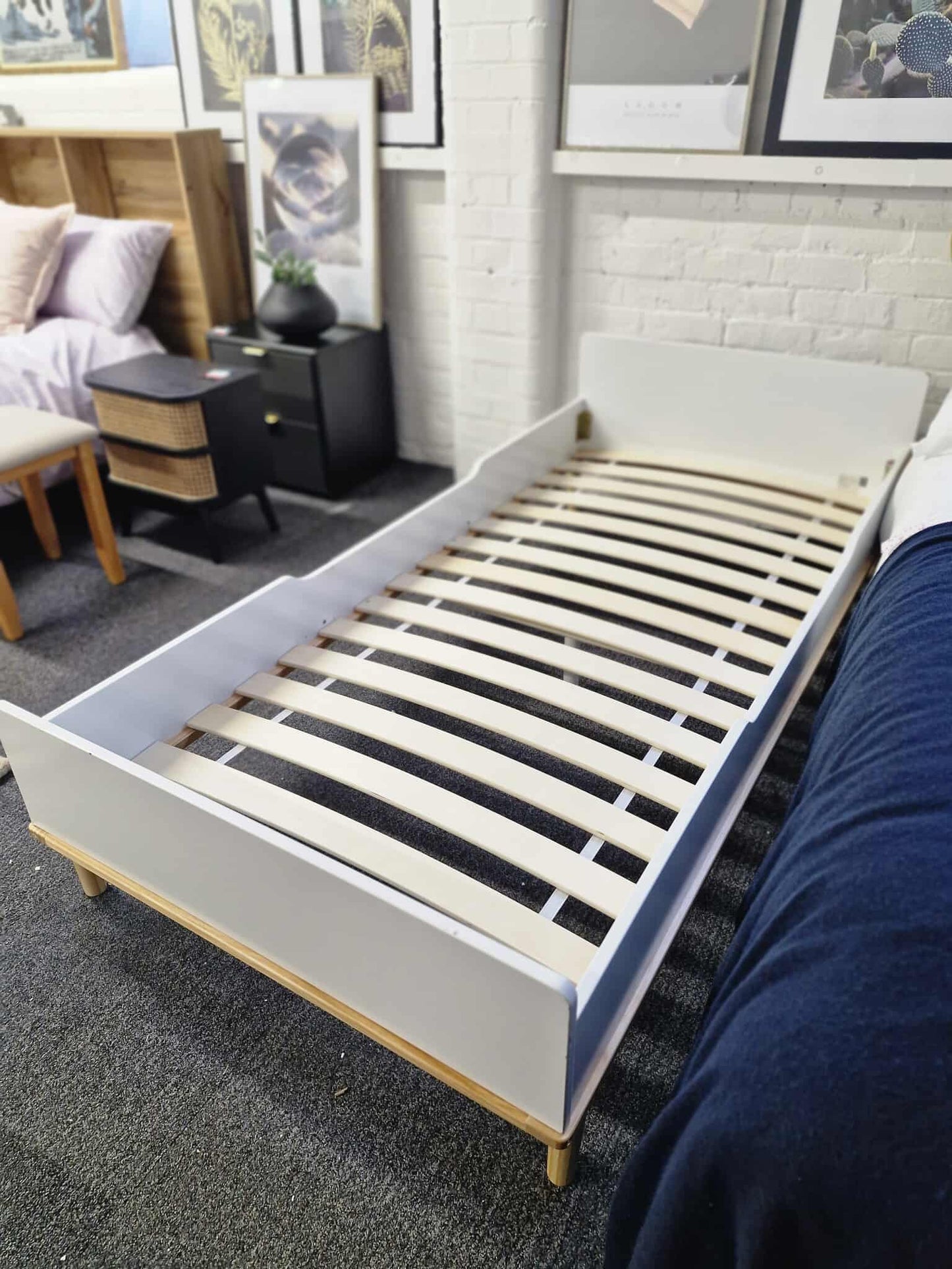 Single White and Wood Bed with Mattress