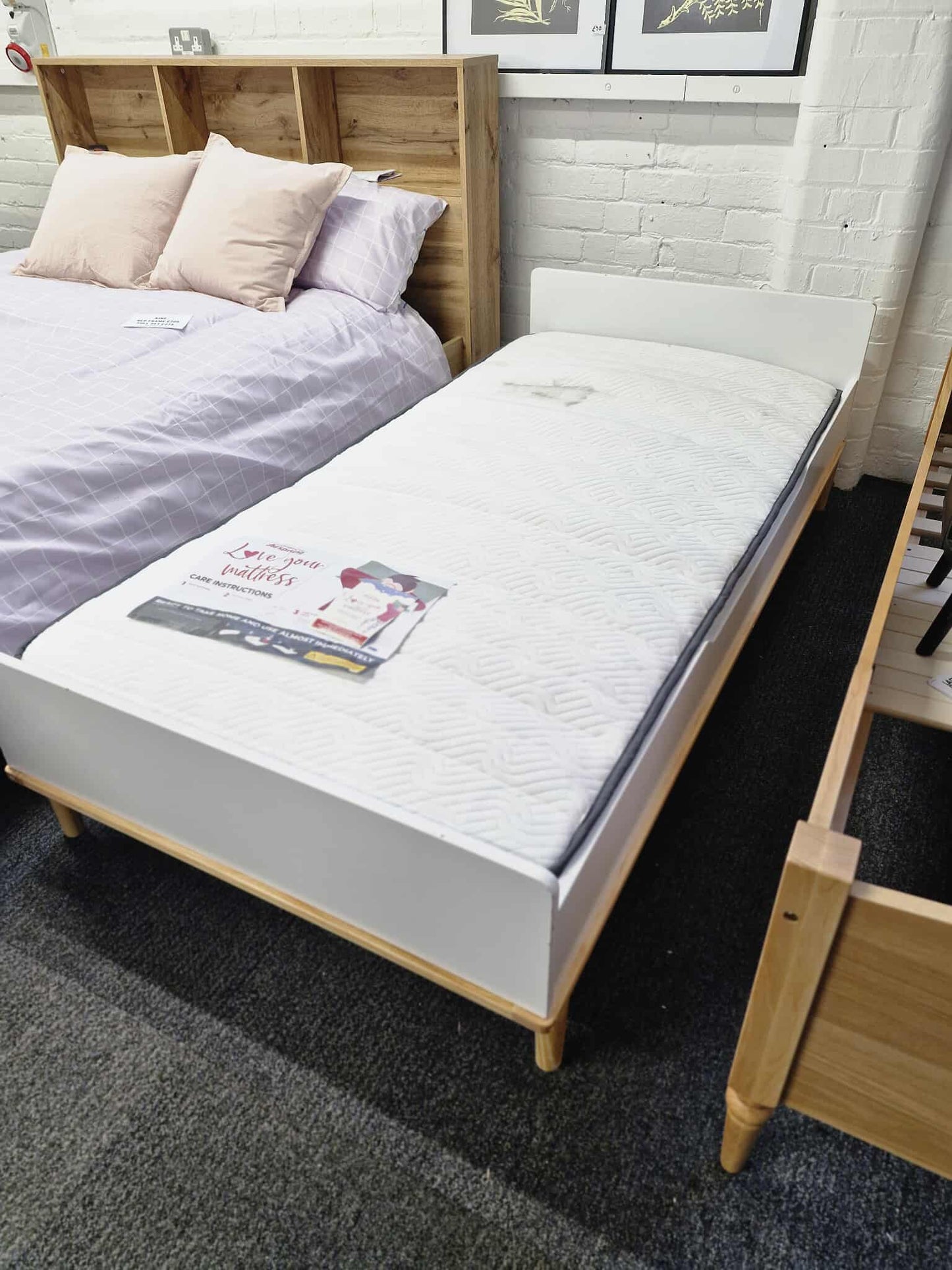 Single White and Wood Bed with Mattress