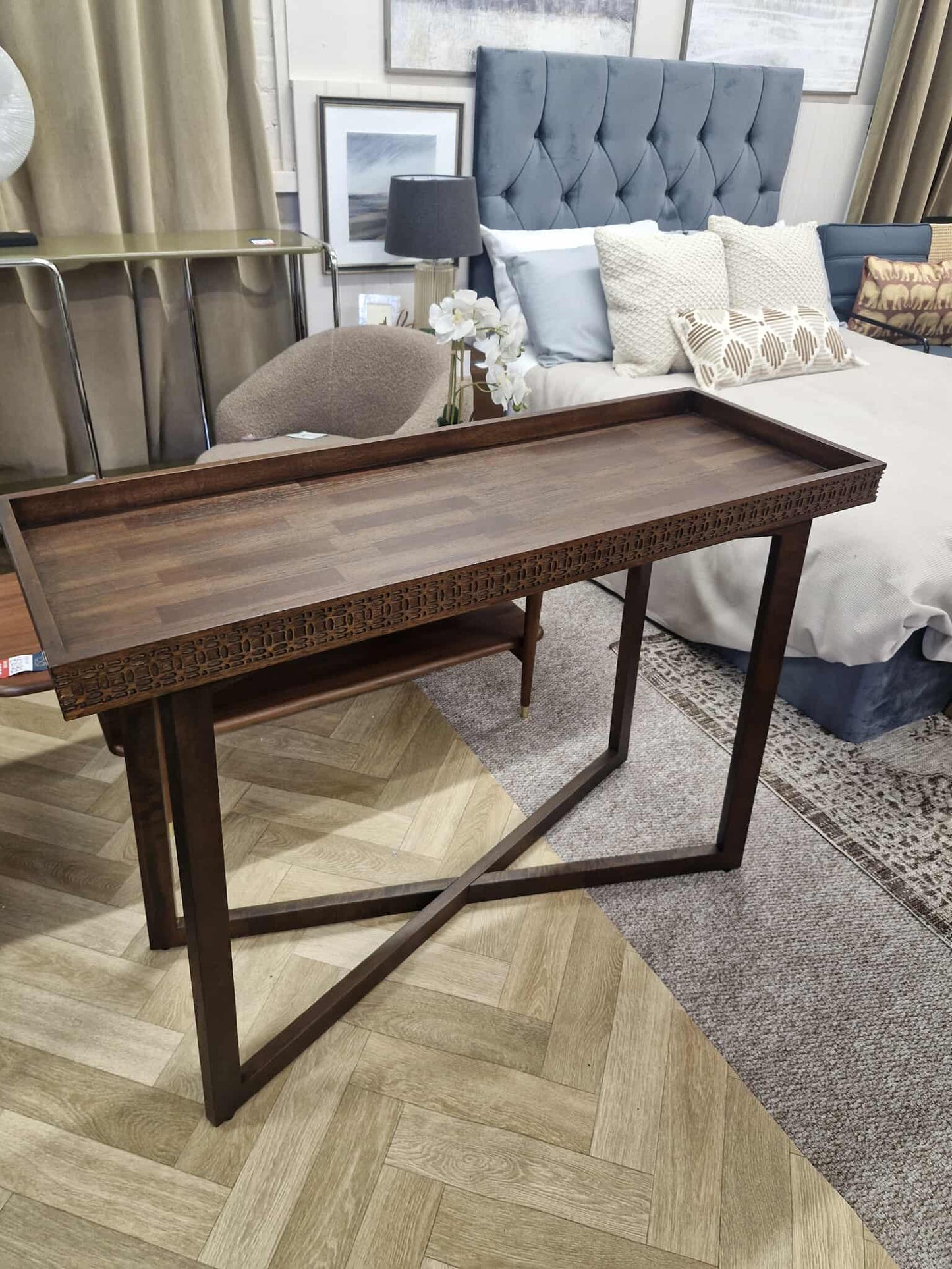 Carved Wood Console Table with Tray Top