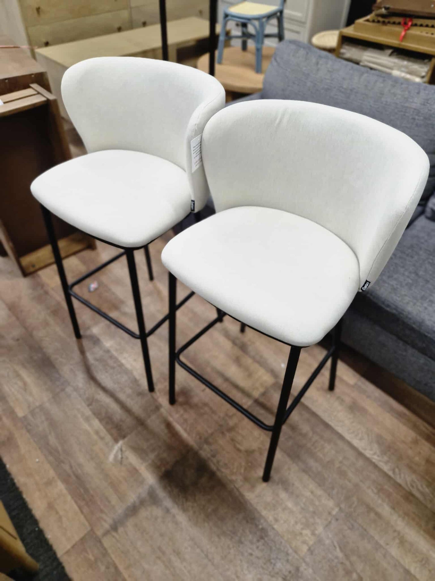 Off White/Ecru And Black Metal Bar Stools / Set of 2