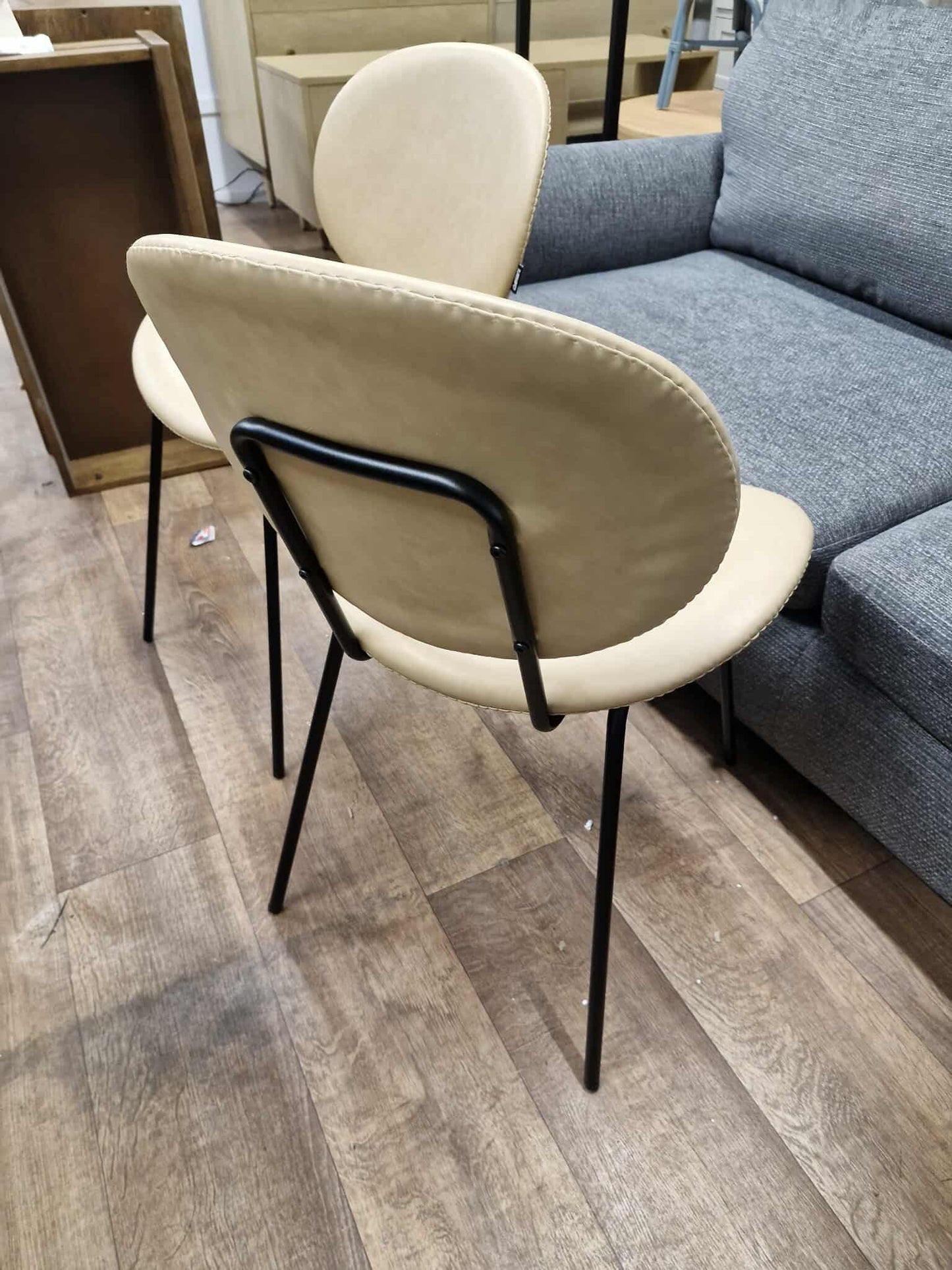 Sand / Beige Faux Leather and Black Metal Dining Chairs / Bistro Style, set of 2