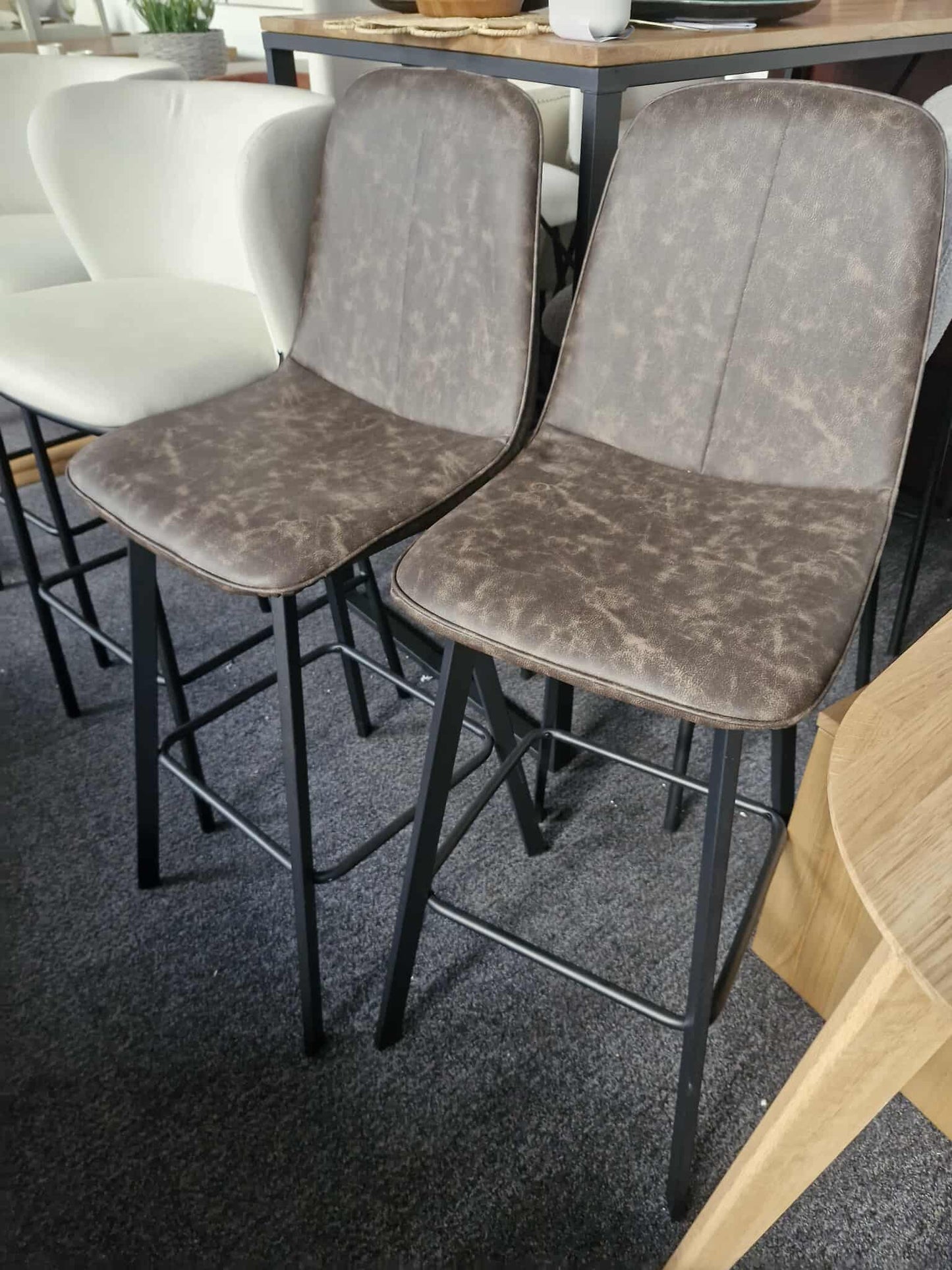 Brown Faux Leather and Black Metal Bar Stools / Set of 2