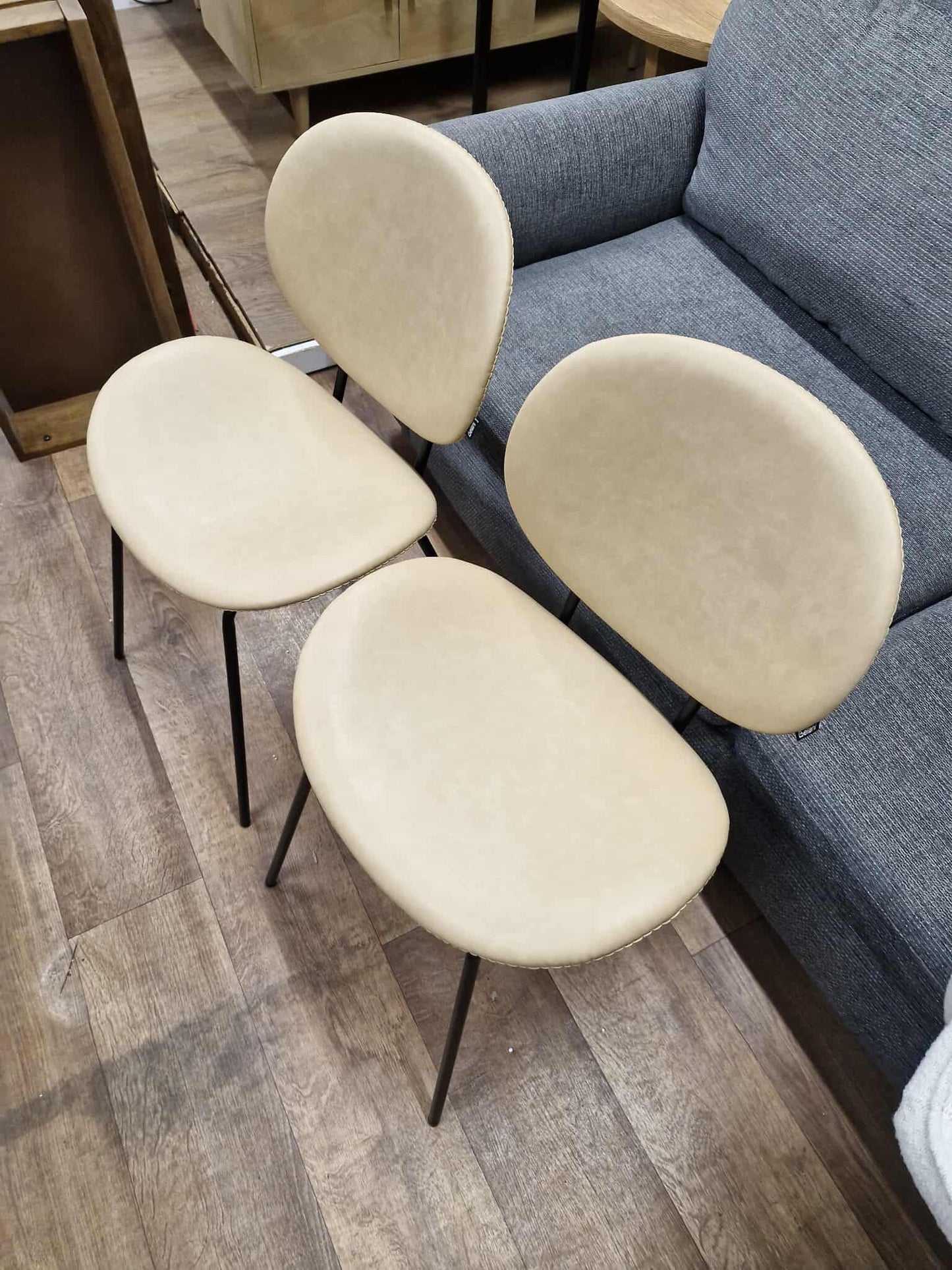 Sand / Beige Faux Leather and Black Metal Dining Chairs / Bistro Style, set of 2