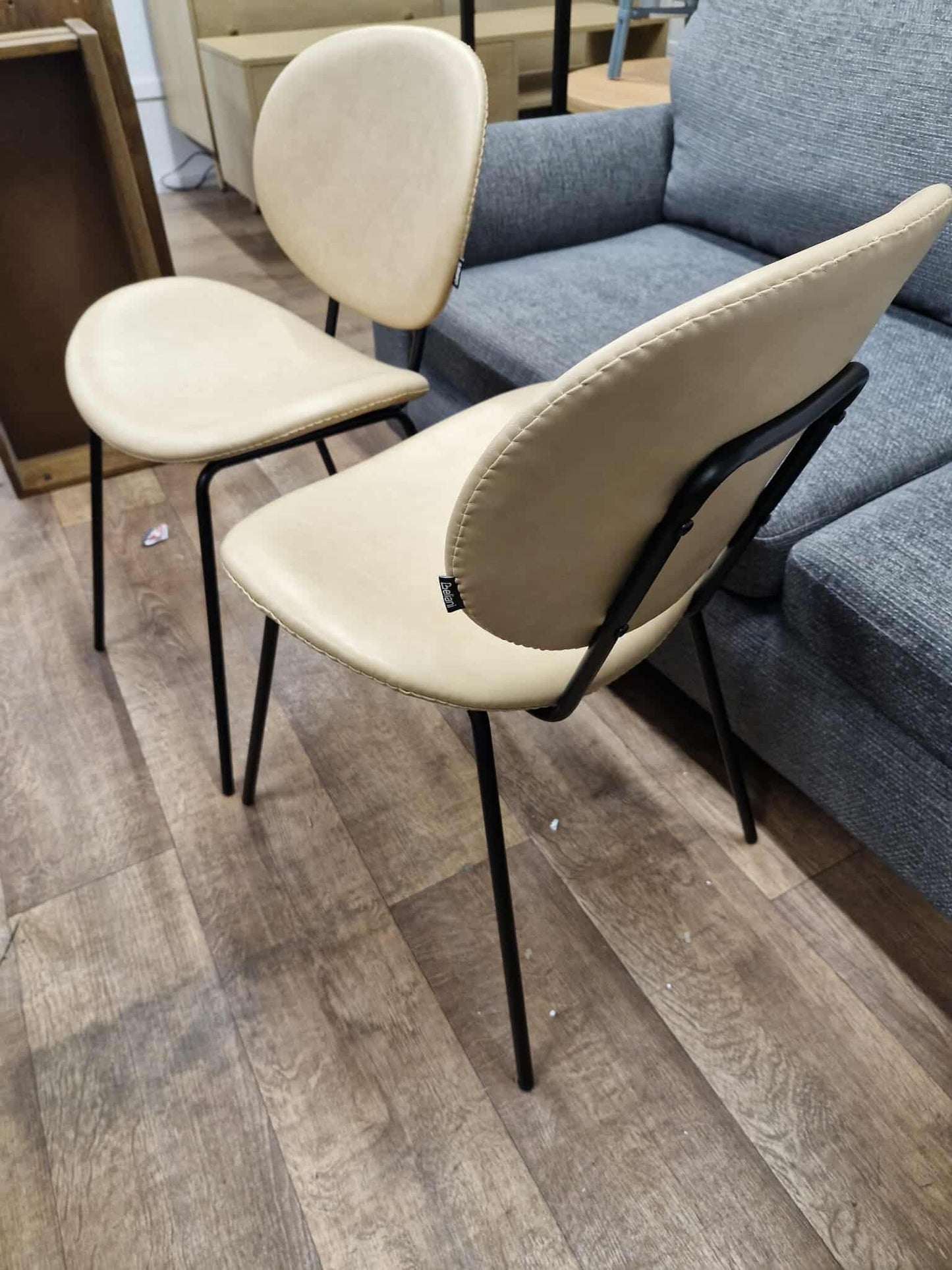 Sand / Beige Faux Leather and Black Metal Dining Chairs / Bistro Style, set of 2
