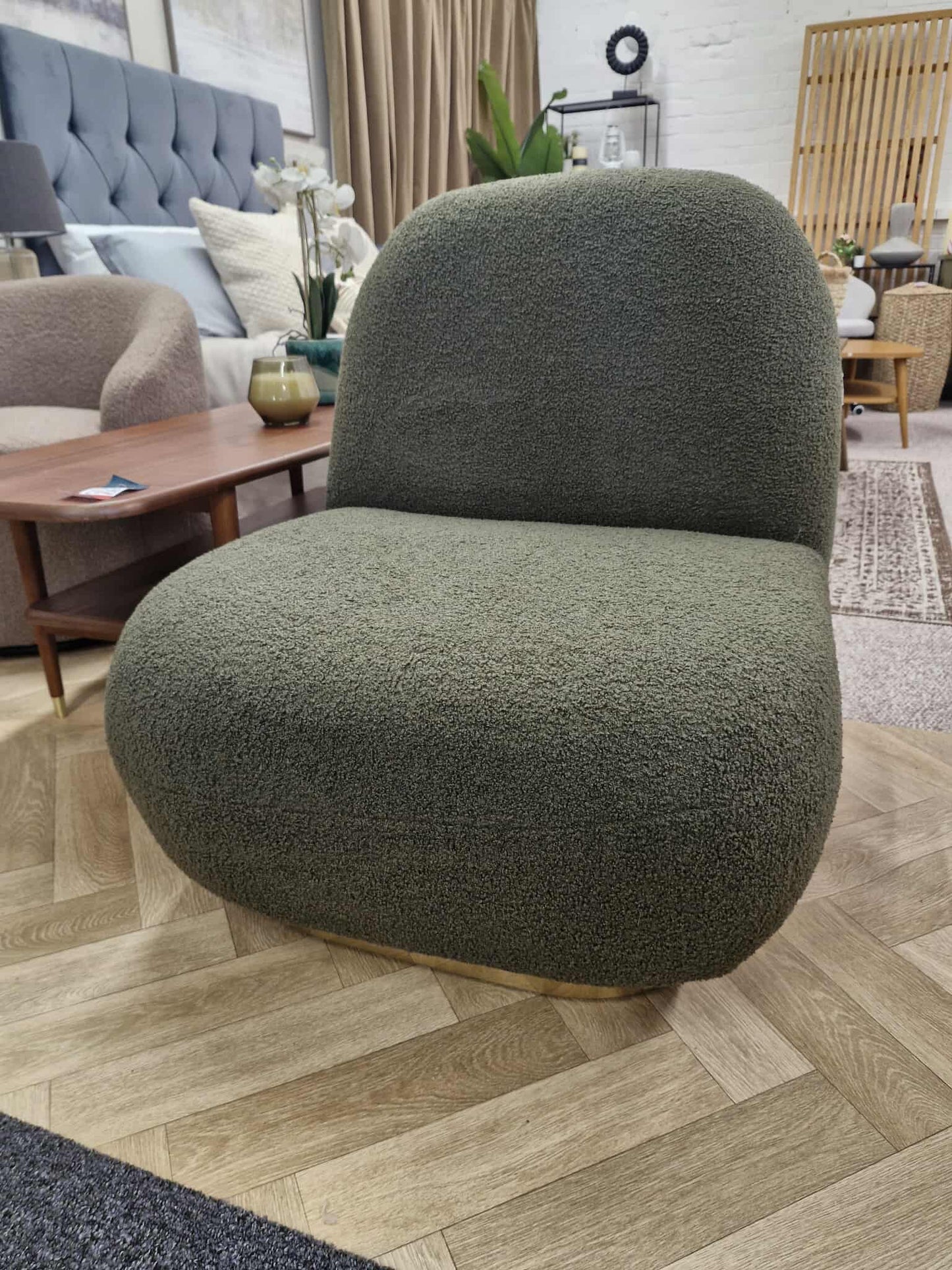 Forest Green Boucle and Gold Base Accent chair / Armchair