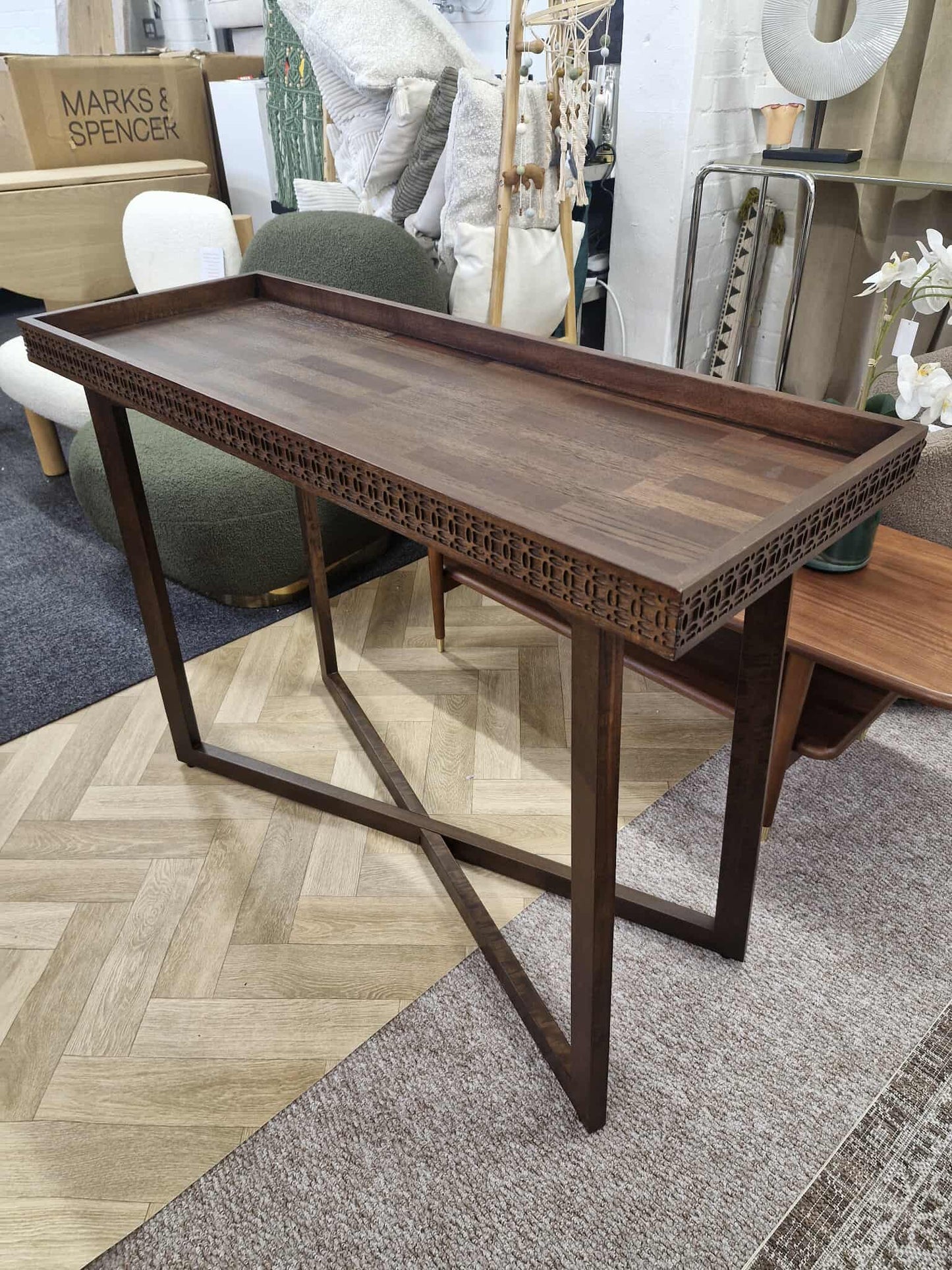 Carved Wood Console Table with Tray Top