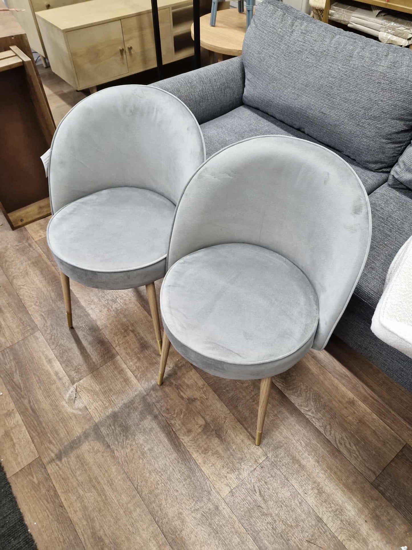 Grey Velvet and Oak Effect Dining Chairs / Set of 2