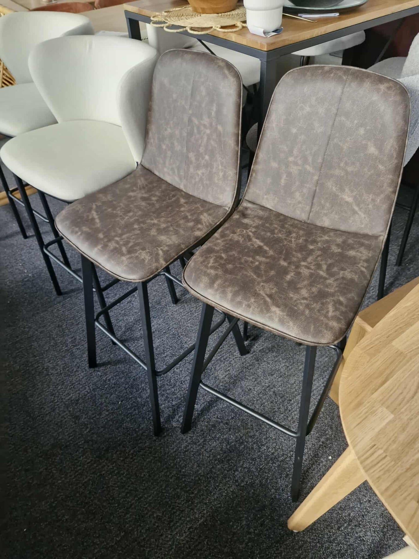 Brown Faux Leather and Black Metal Bar Stools / Set of 2