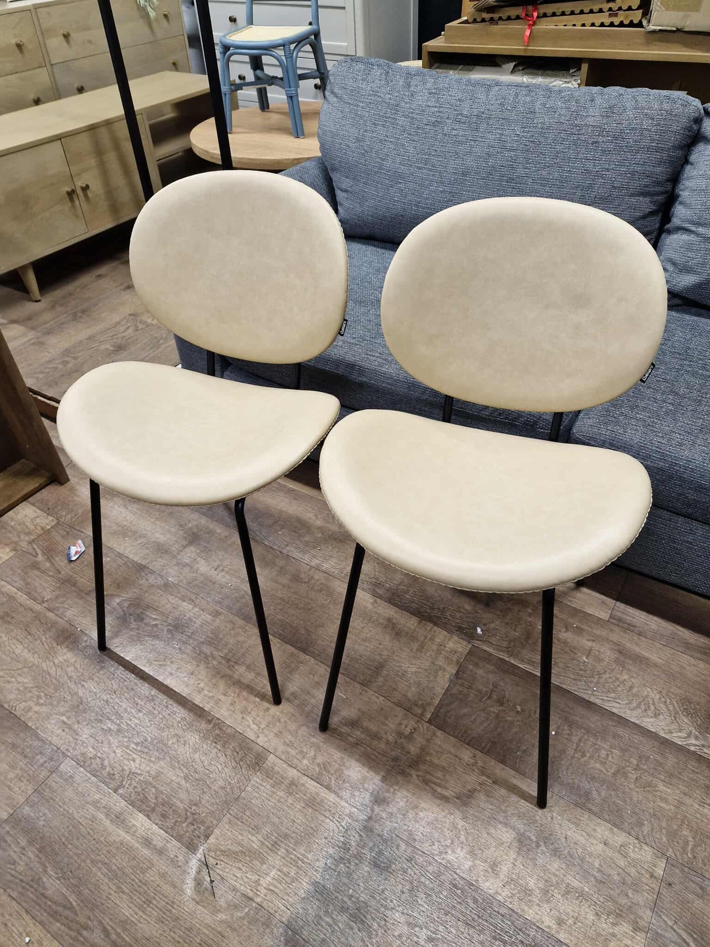 Sand / Beige Faux Leather and Black Metal Dining Chairs / Bistro Style, set of 2