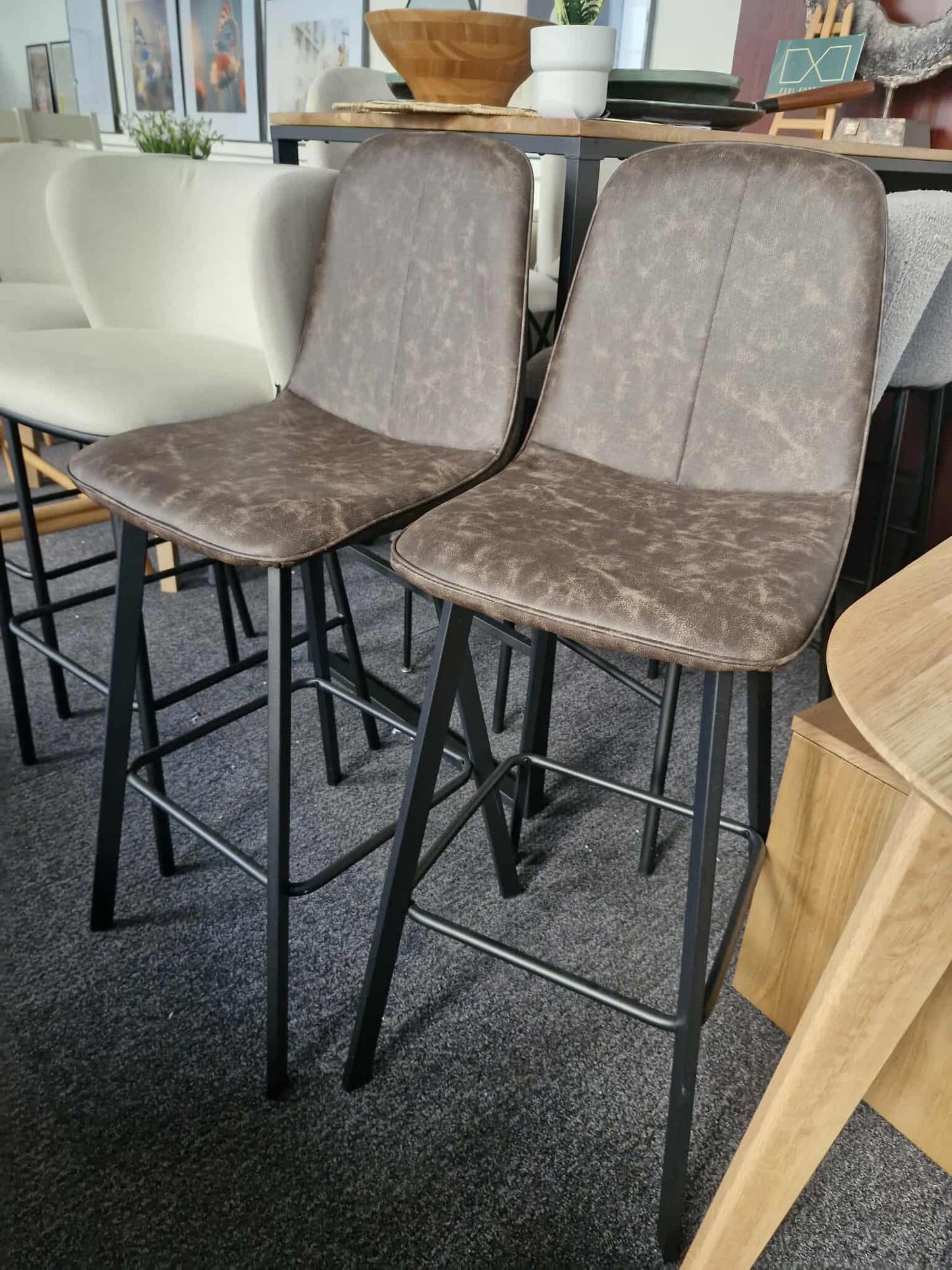 Brown Faux Leather and Black Metal Bar Stools / Set of 2