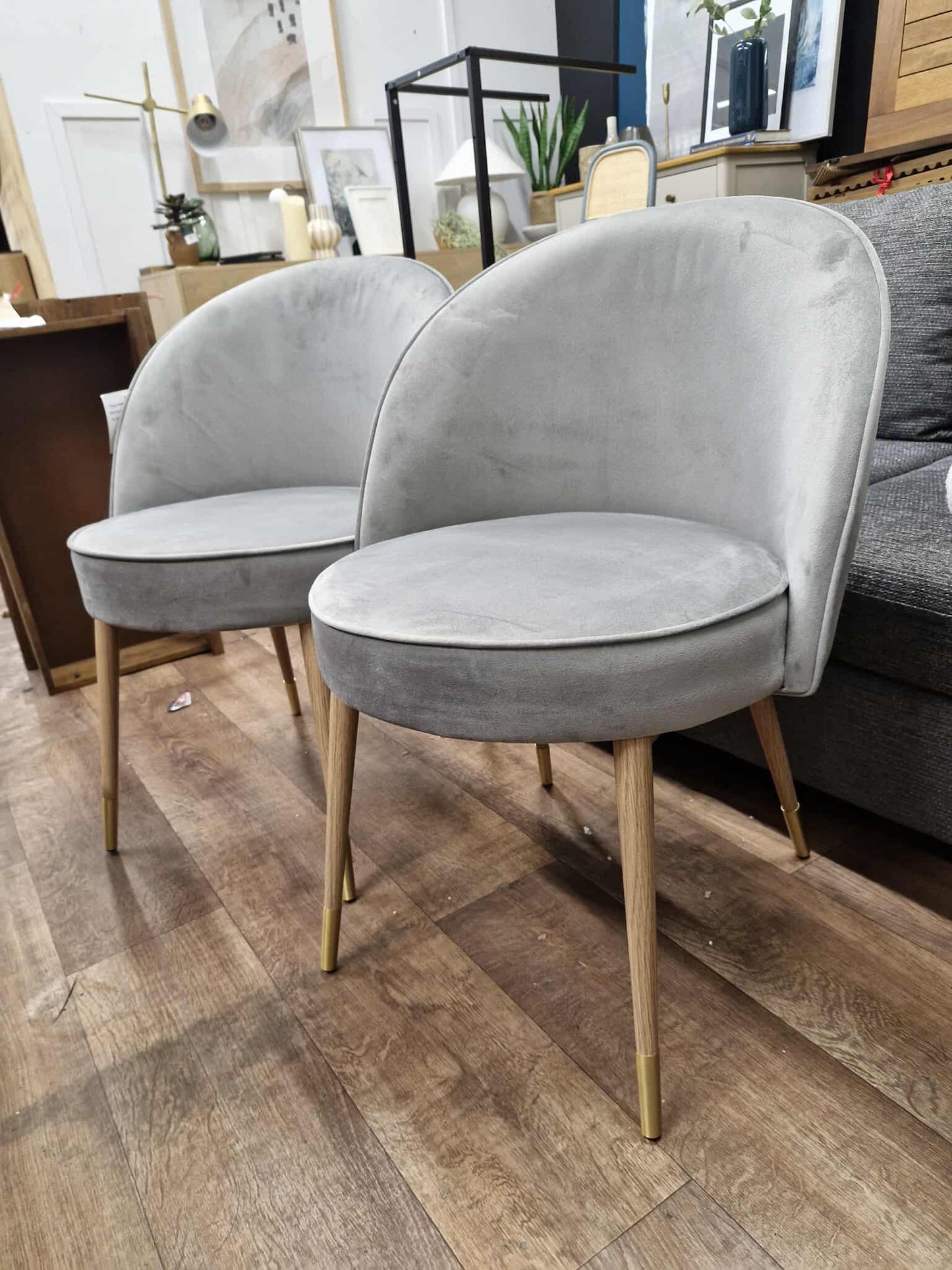 Grey Velvet and Oak Effect Dining Chairs / Set of 2