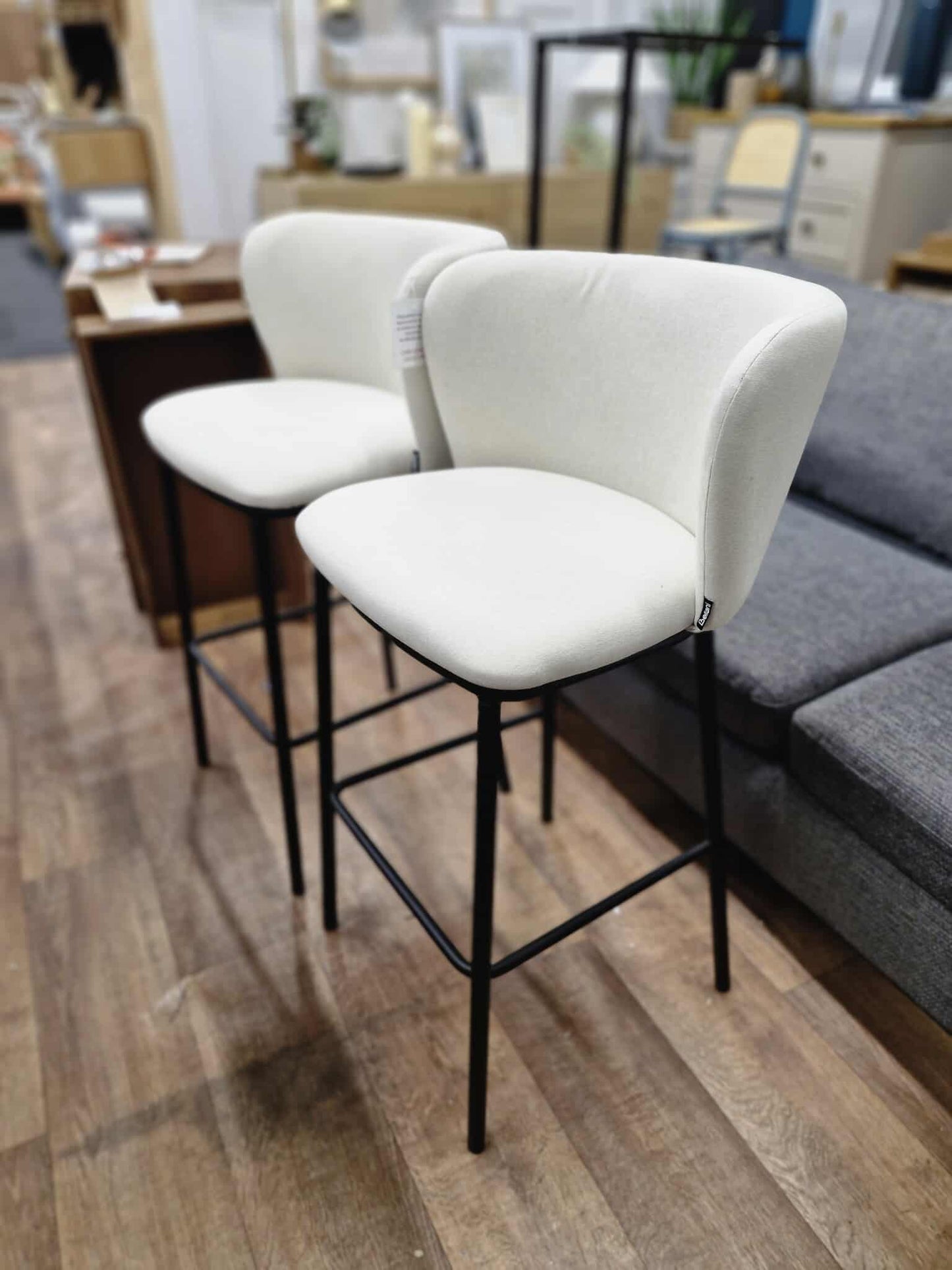 Off White/Ecru And Black Metal Bar Stools / Set of 2