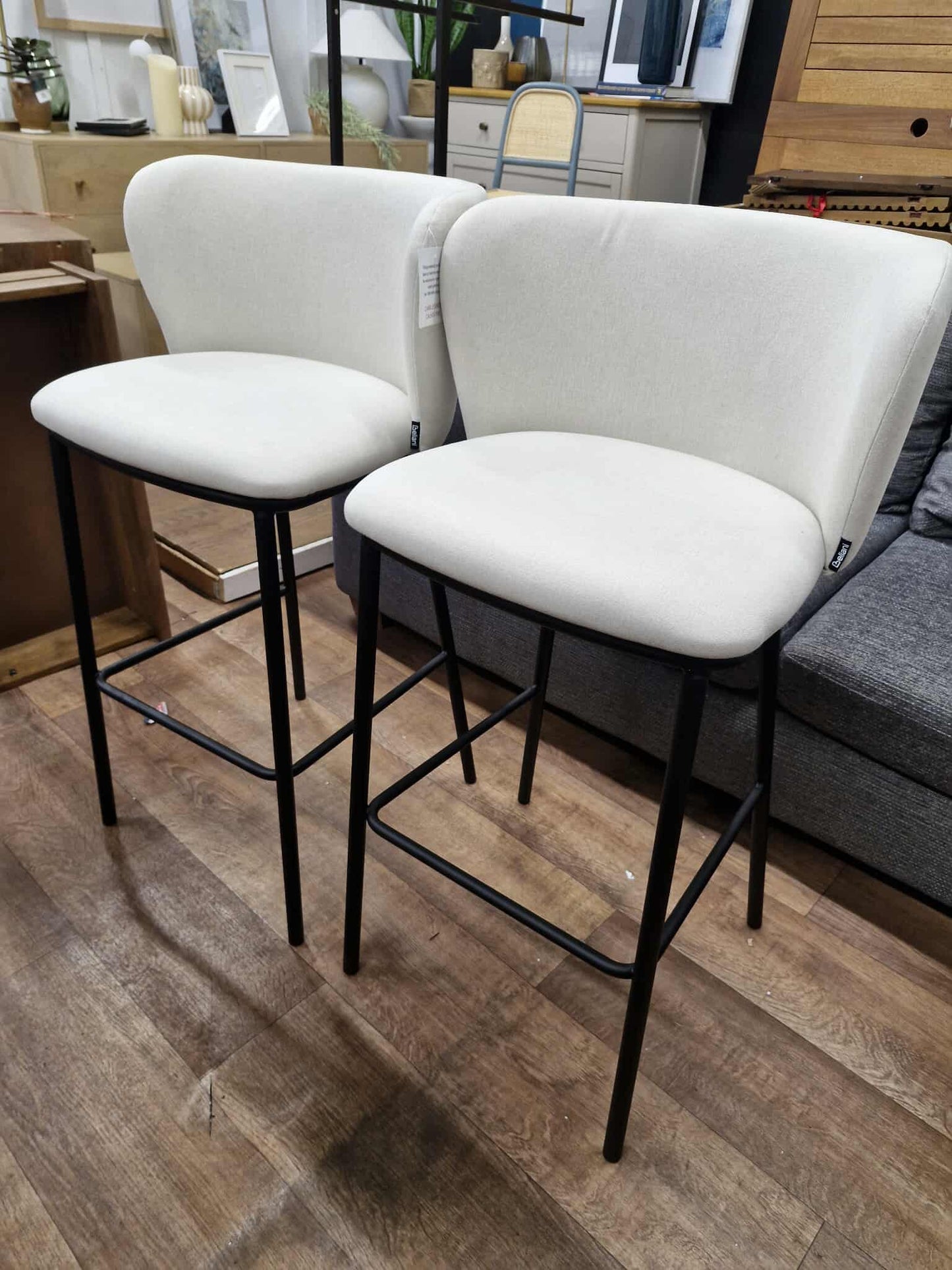 Off White/Ecru And Black Metal Bar Stools / Set of 2