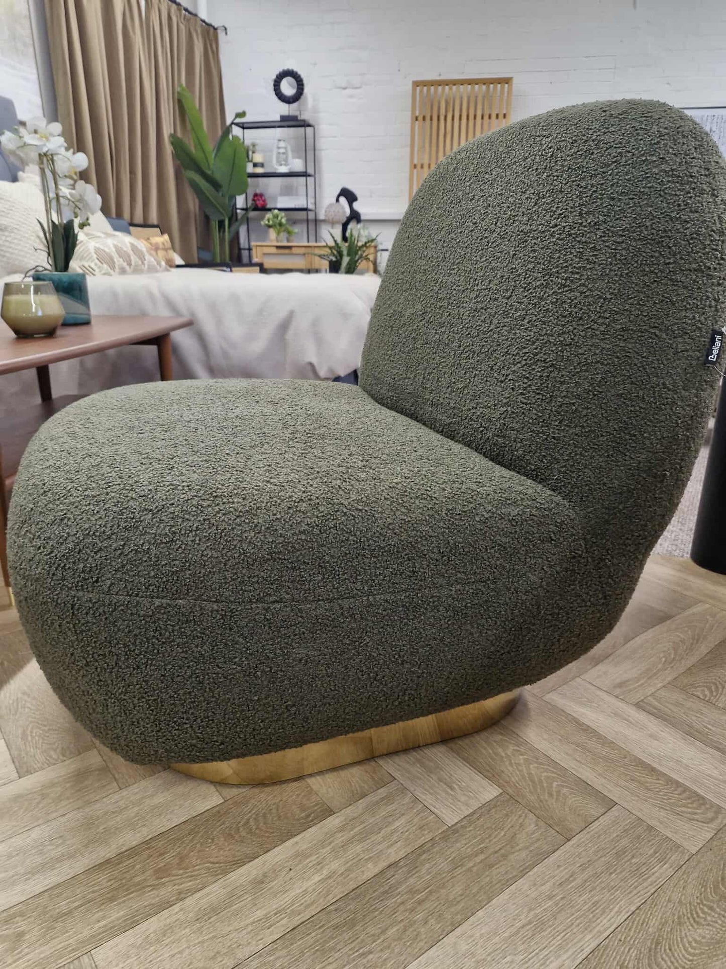 Forest Green Boucle and Gold Base Accent chair / Armchair