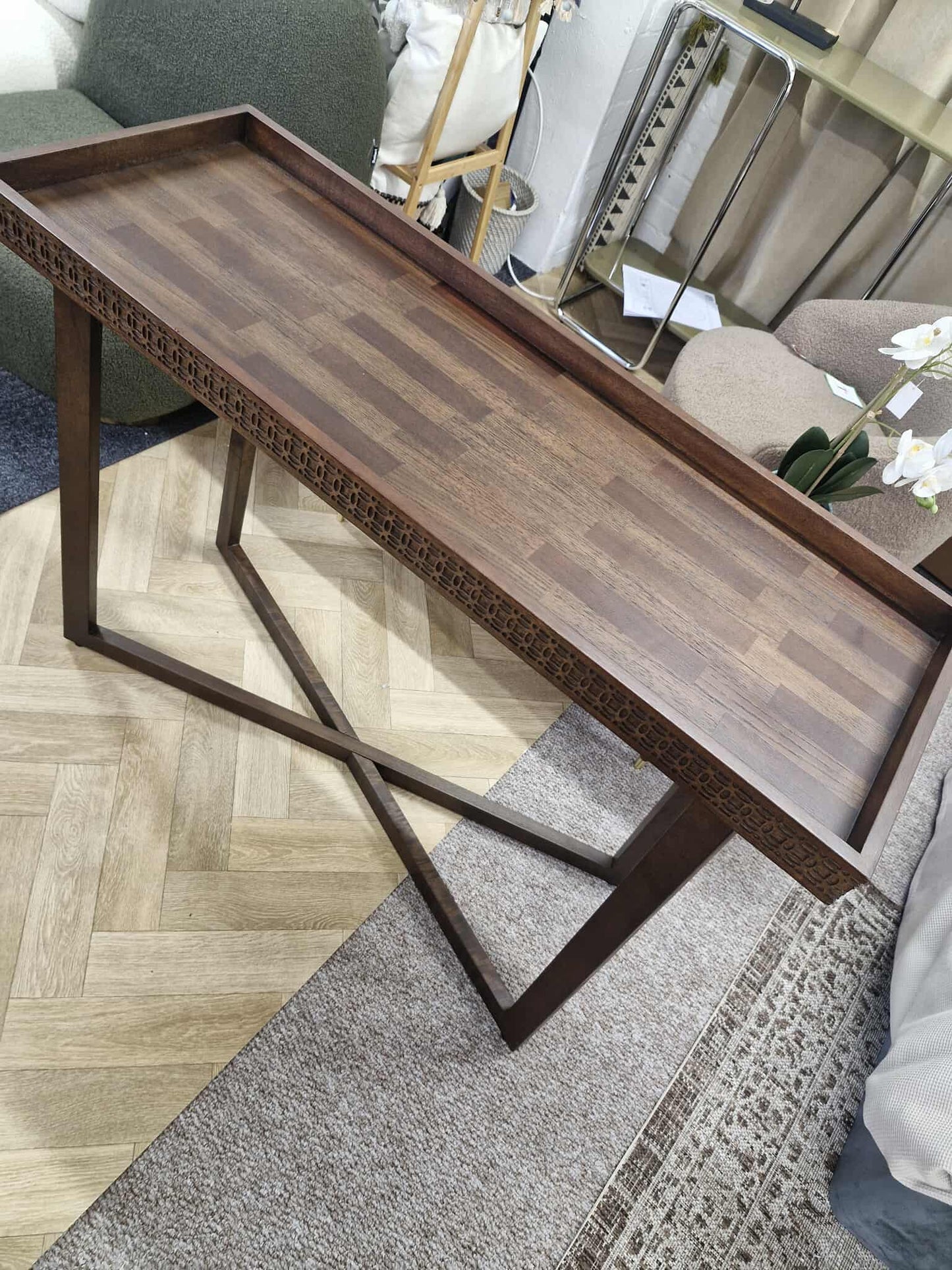Carved Wood Console Table with Tray Top