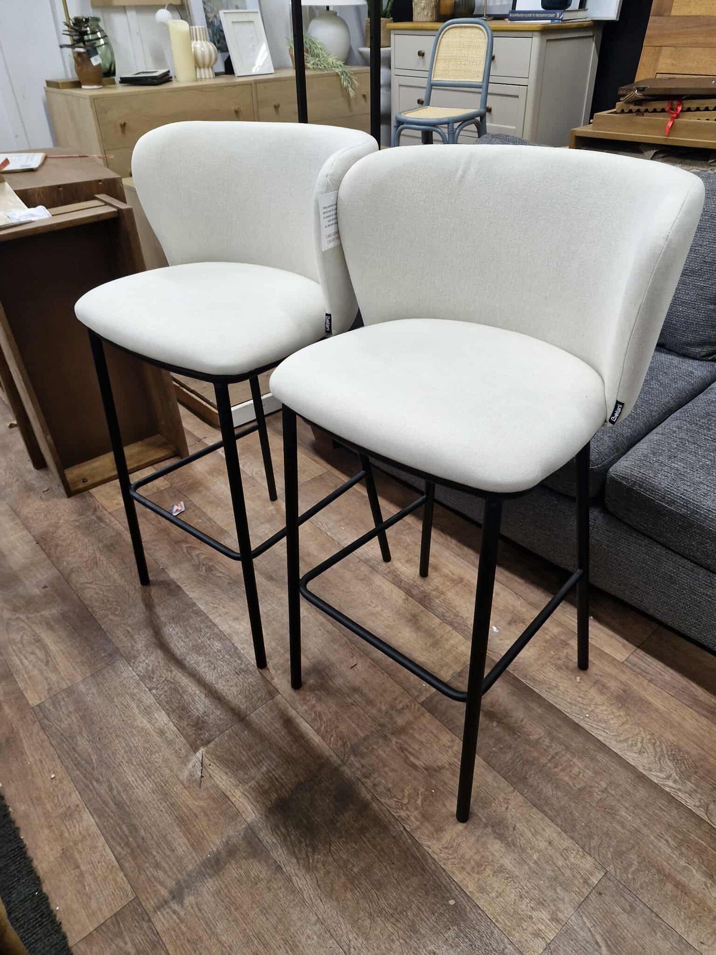 Off White/Ecru And Black Metal Bar Stools / Set of 2