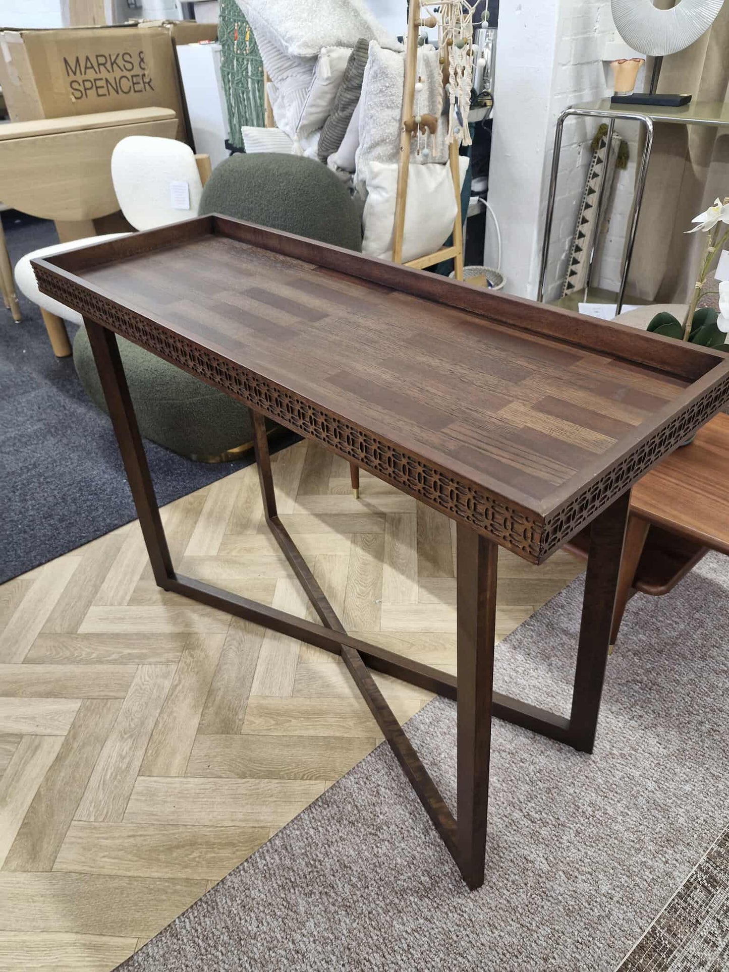 Carved Wood Console Table with Tray Top