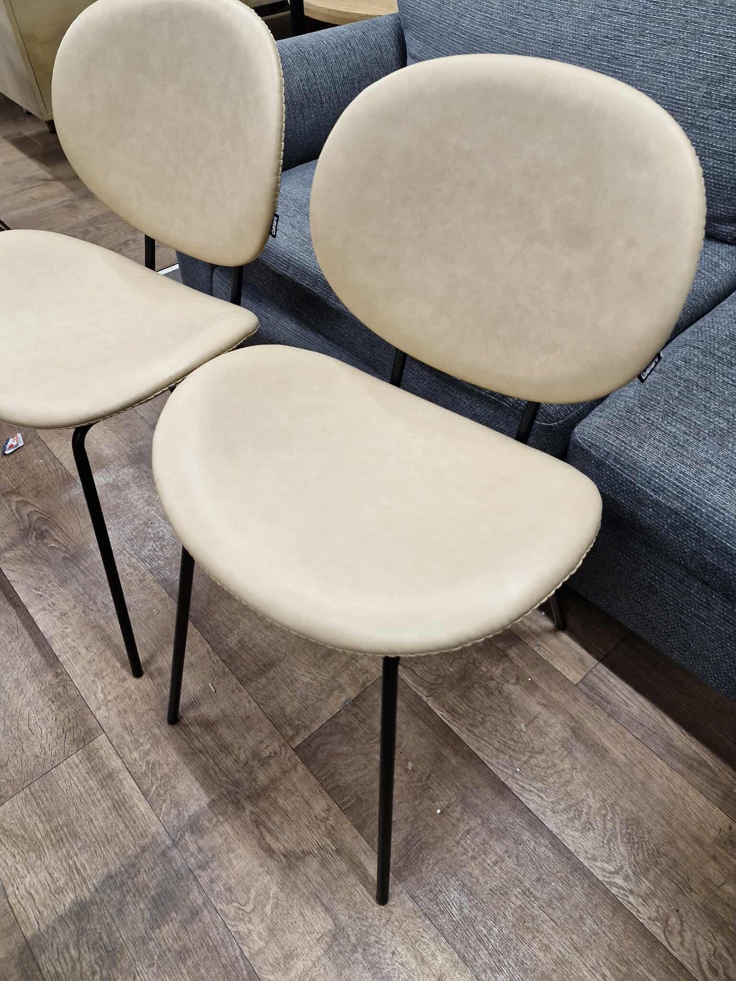 Sand / Beige Faux Leather and Black Metal Dining Chairs / Bistro Style, set of 2