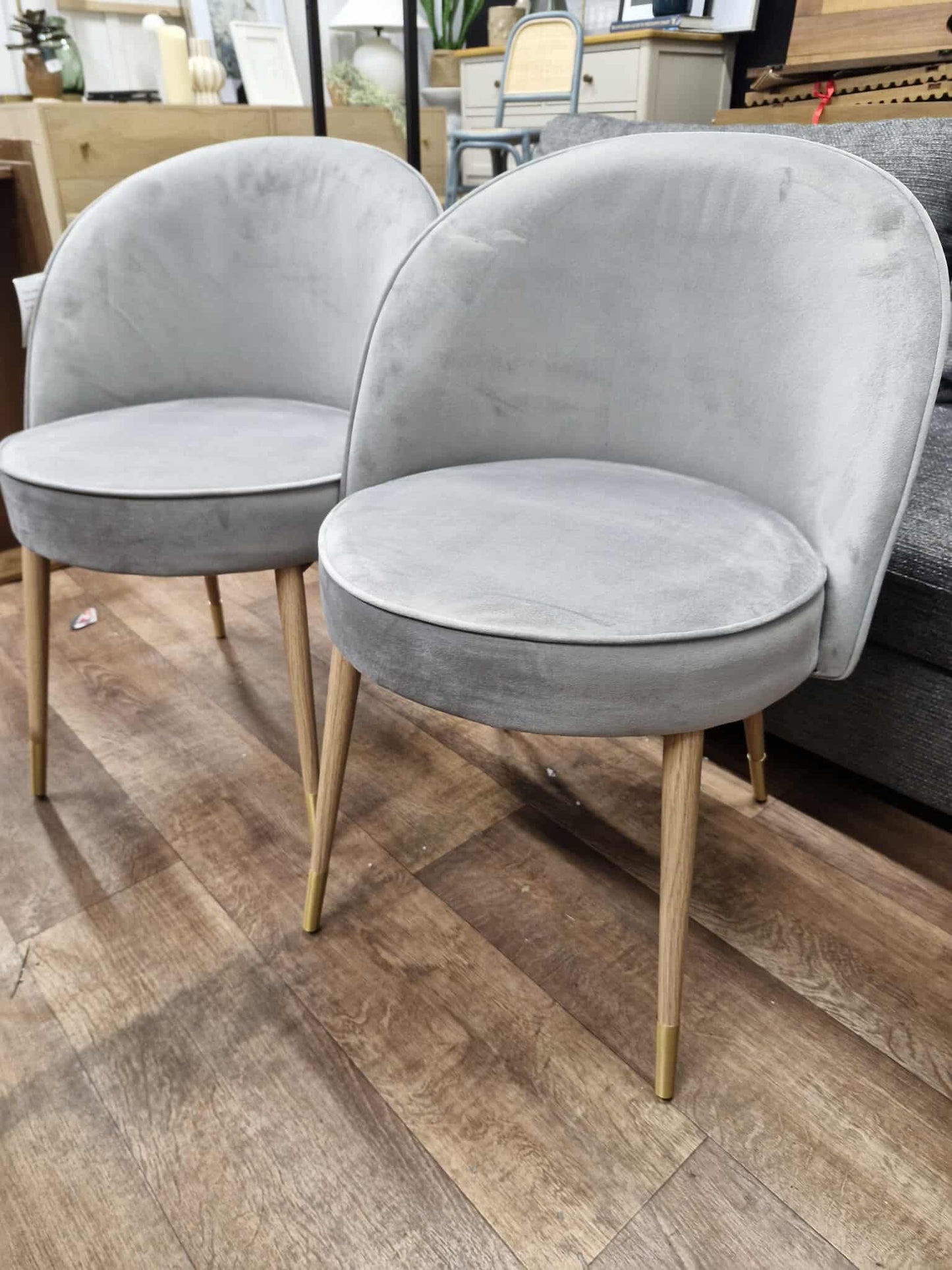 Grey Velvet and Oak Effect Dining Chairs / Set of 2