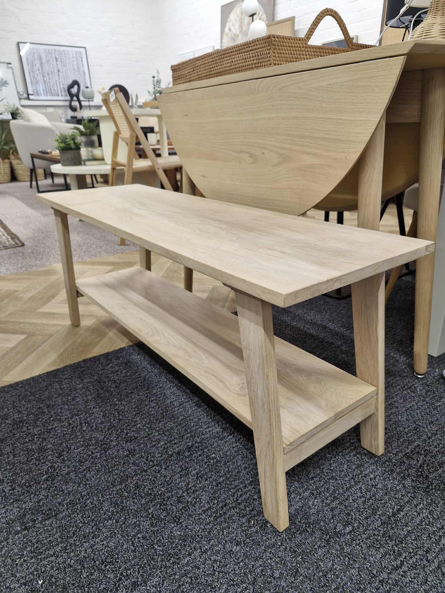 Solid Bleached Oak Hallway Bench with Shelf