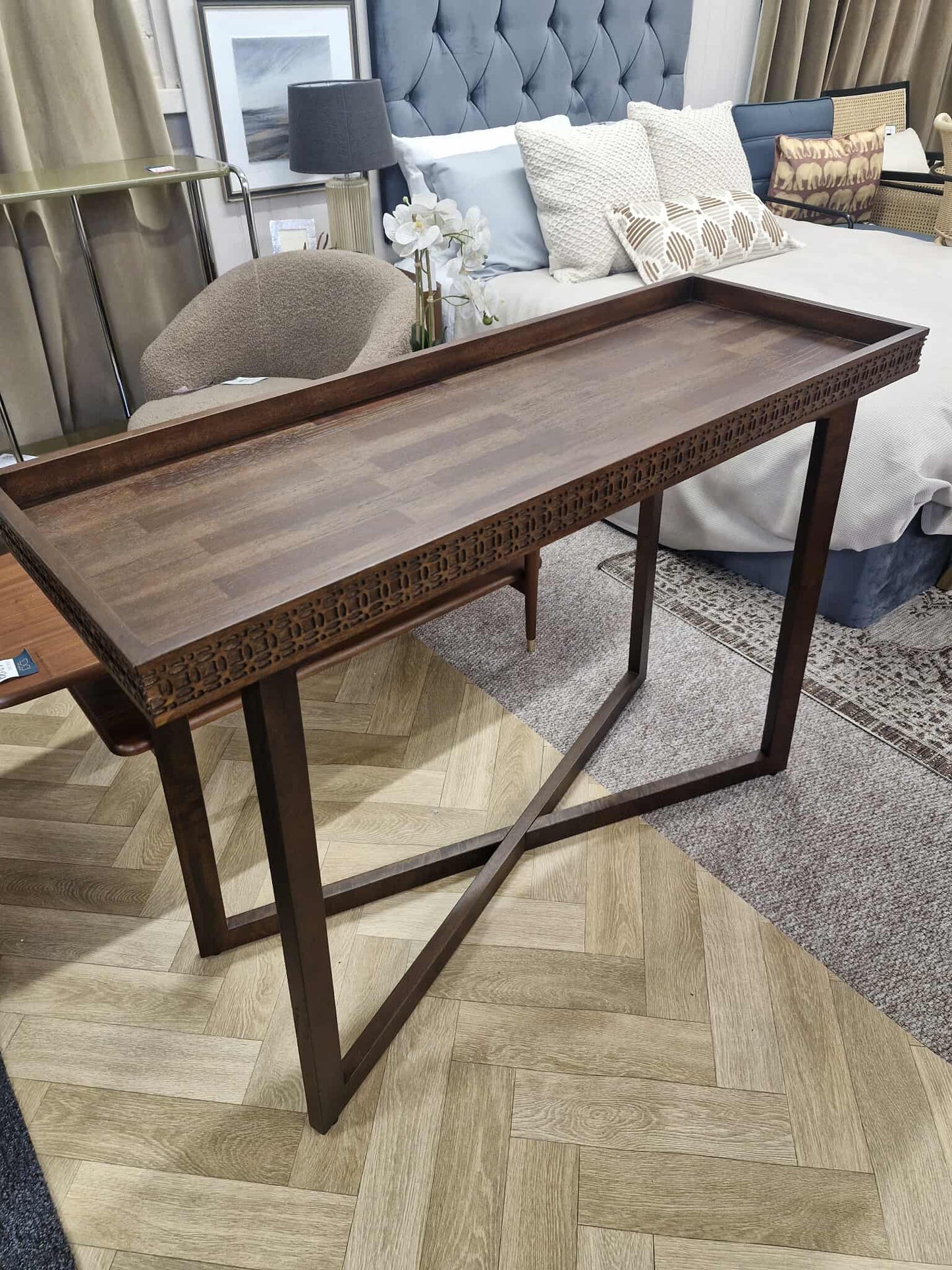Carved Wood Console Table with Tray Top