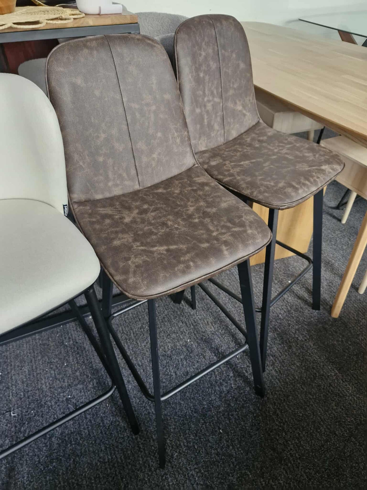 Brown Faux Leather and Black Metal Bar Stools / Set of 2