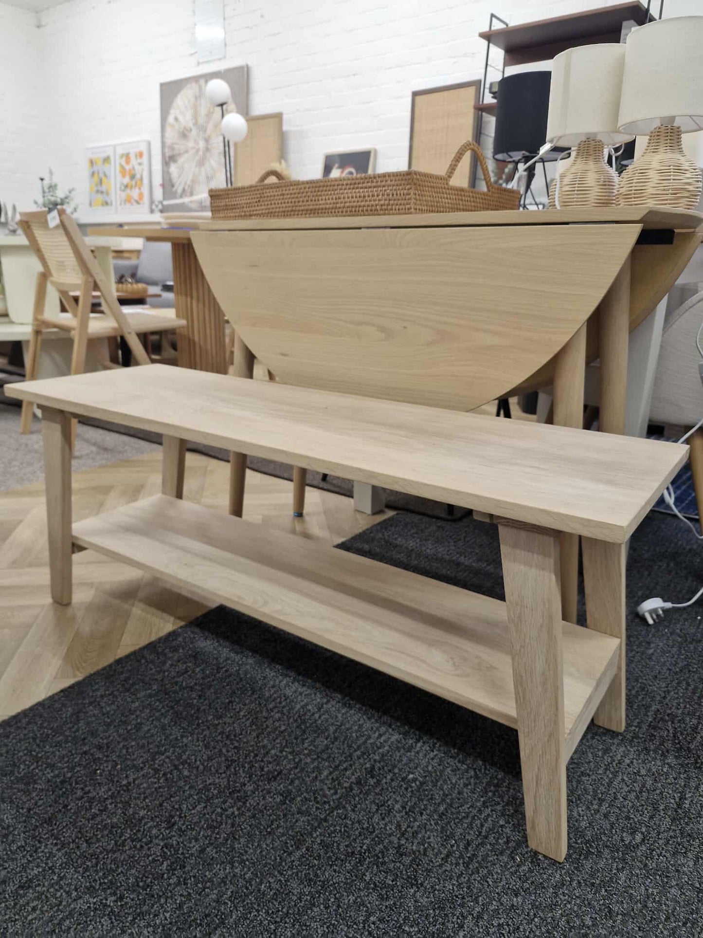 Solid Bleached Oak Hallway Bench with Shelf