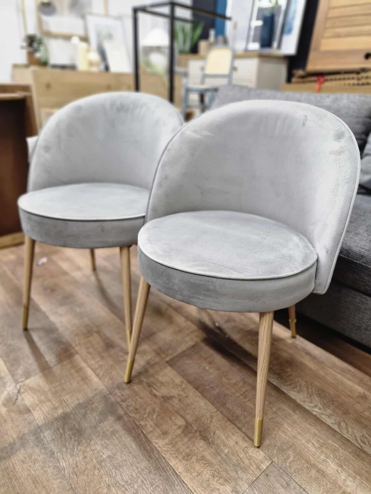 Grey Velvet and Oak Effect Dining Chairs / Set of 2