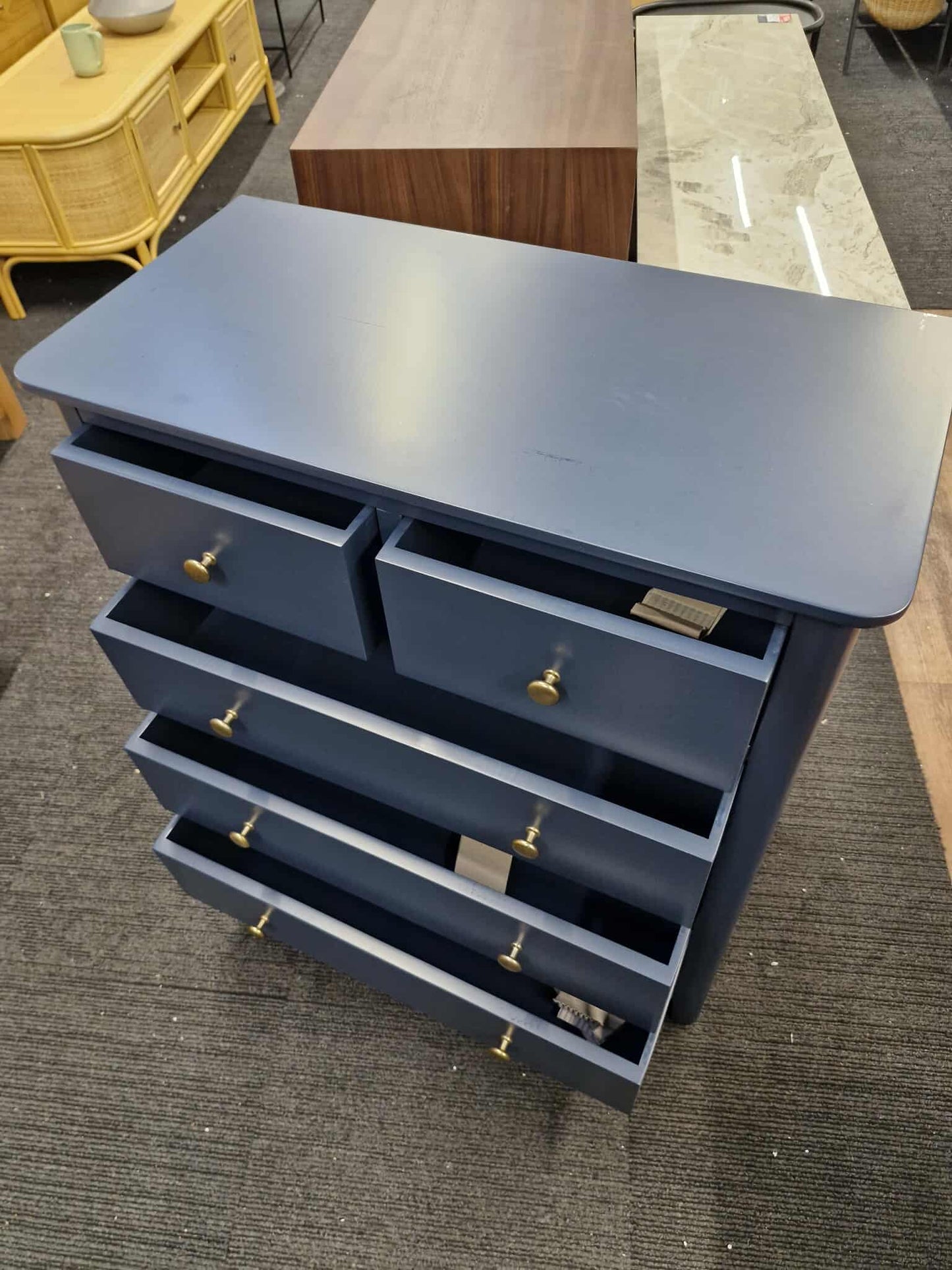 Blue High Chest of 5 Drawers with Brass Handles