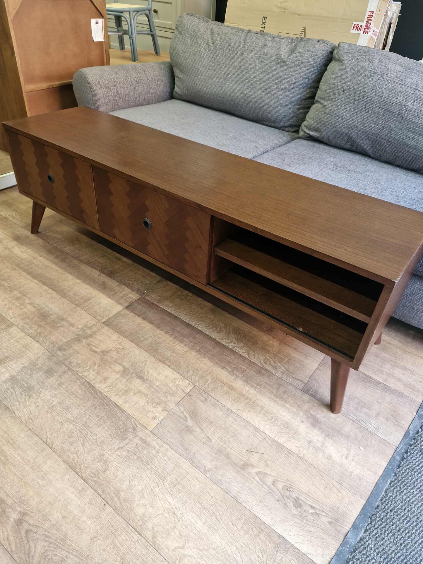 Dark Wood Chevron  Sliding Doors Tv Stand / Media Unit