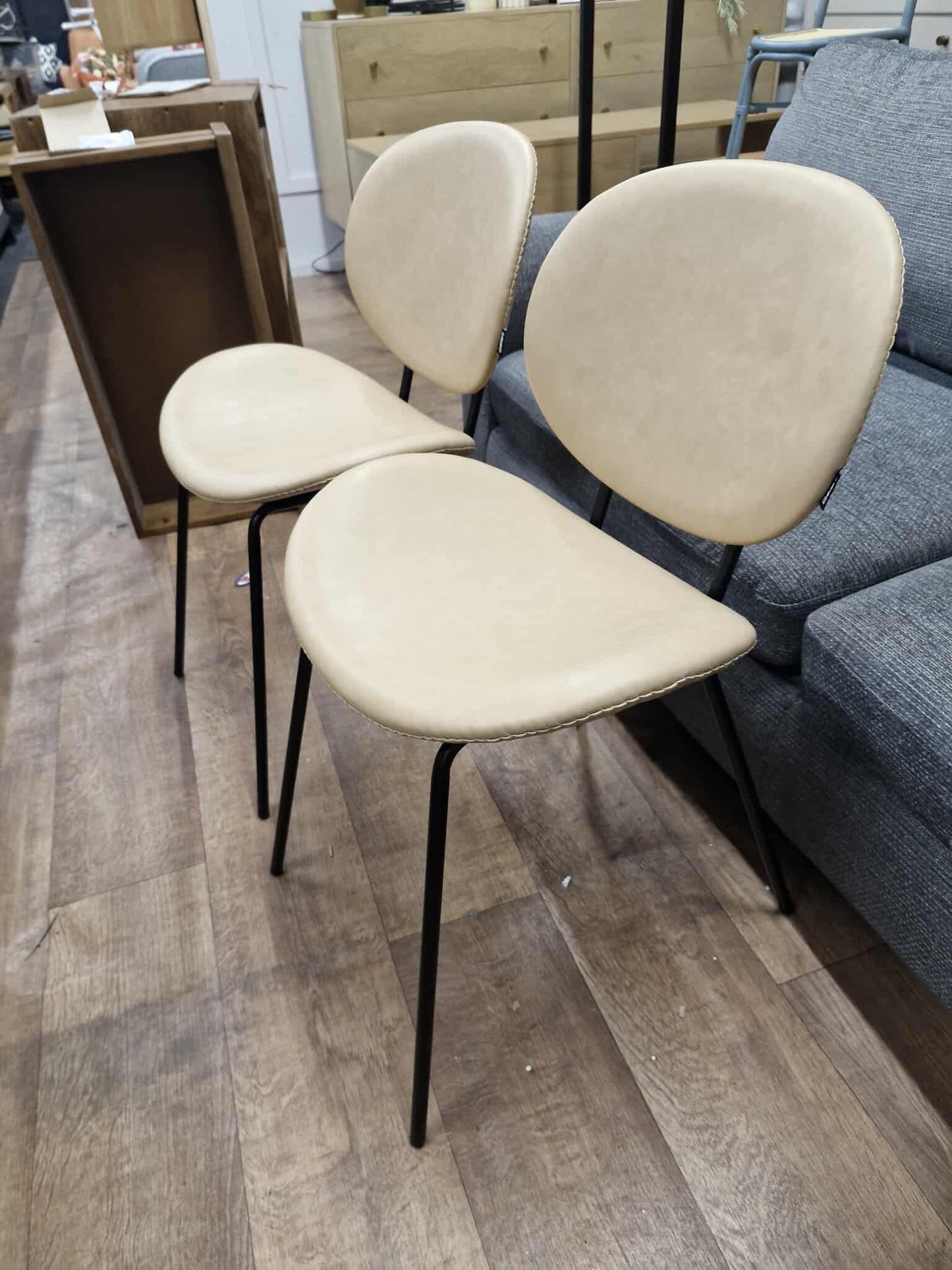 Sand / Beige Faux Leather and Black Metal Dining Chairs / Bistro Style, set of 2