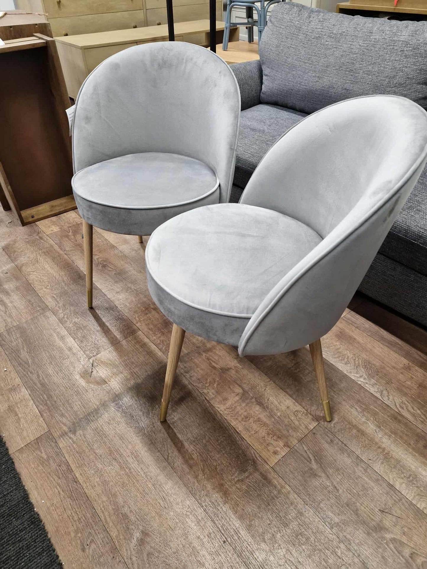 Grey Velvet and Oak Effect Dining Chairs / Set of 2
