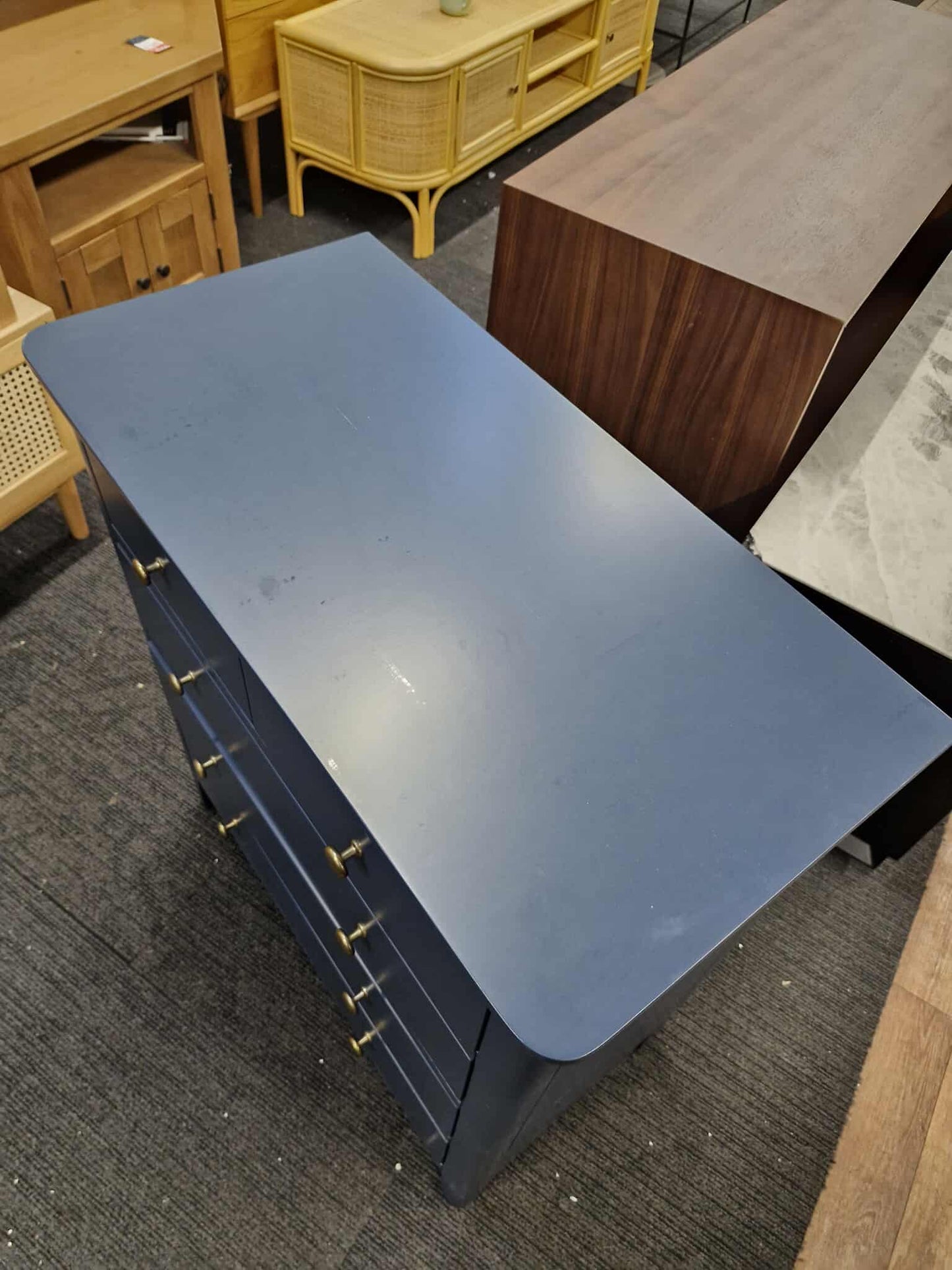 Blue High Chest of 5 Drawers with Brass Handles
