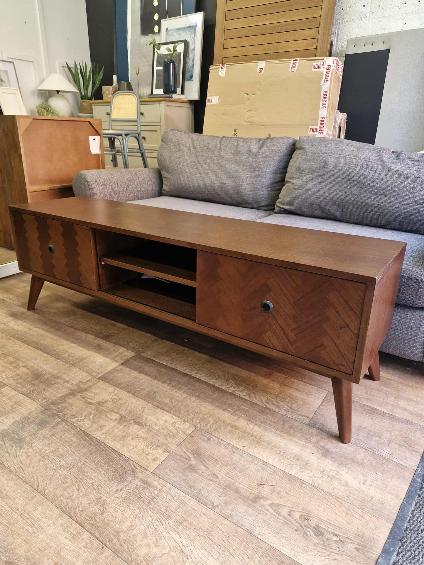 Dark Wood Chevron  Sliding Doors Tv Stand / Media Unit