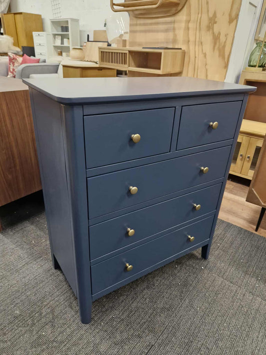 Blue High Chest of 5 Drawers with Brass Handles