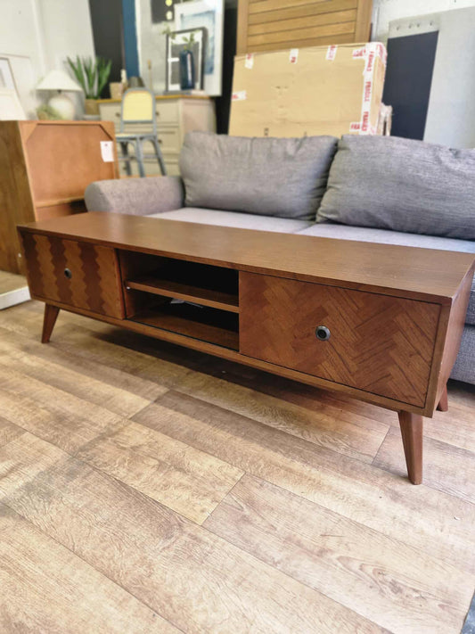 Dark Wood Chevron  Sliding Doors Tv Stand / Media Unit