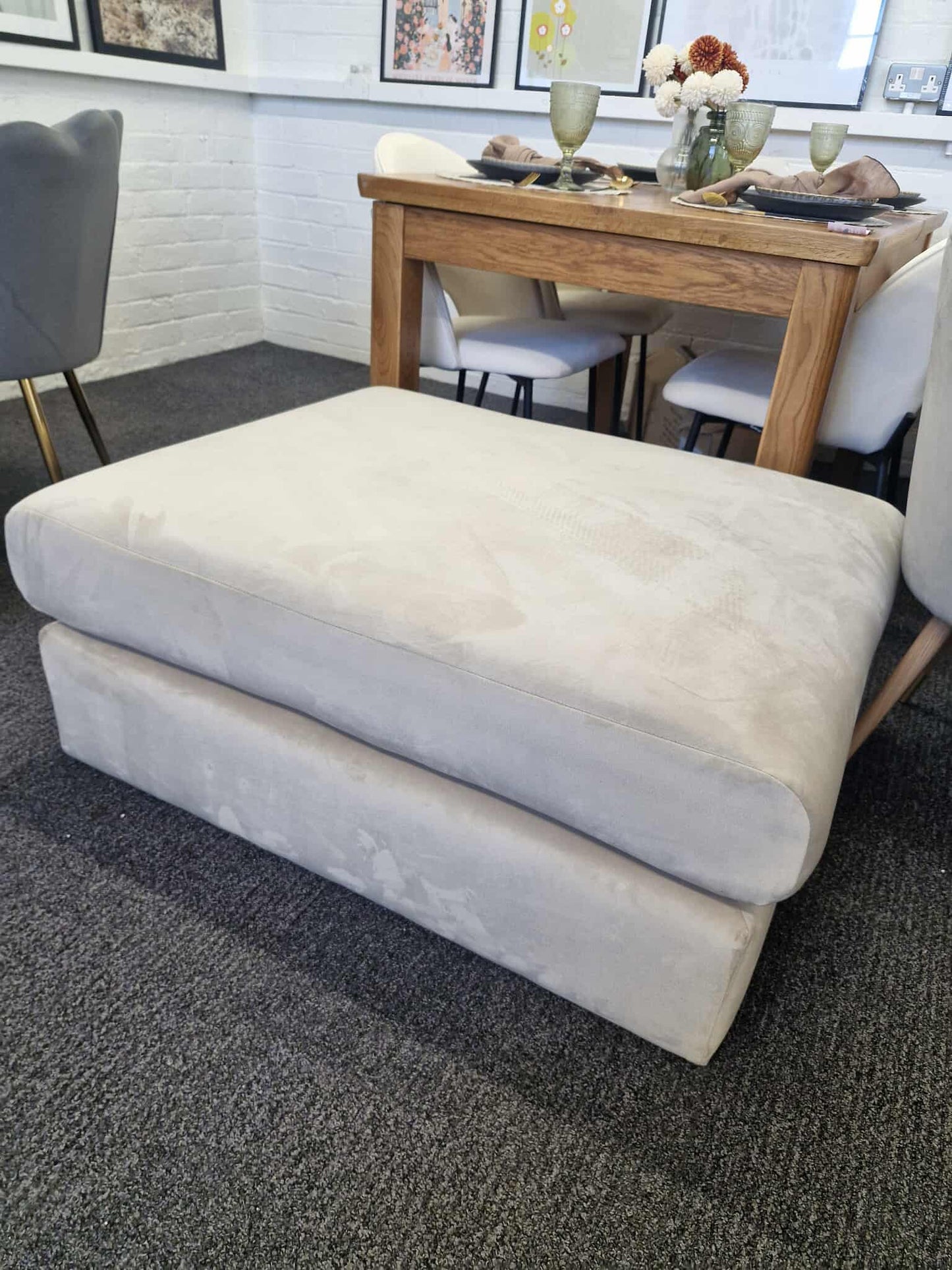 Large Light Grey Velvet Footstool
