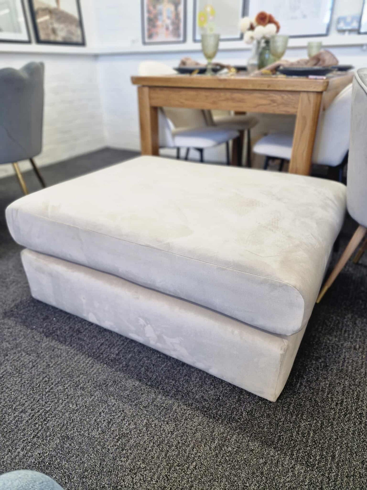 Large Light Grey Velvet Footstool